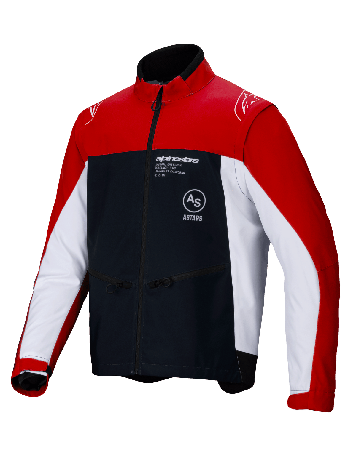 Alpinestars Lite-Dura Softshell Jacket, Off-Road Enduro Motorcycle Jacket, Black Bright Red and White, featuring a color-block design with red shoulders and outer sleeves, white side panels, and black chest with Alpinestars branding, zippered pockets, and high-collar design