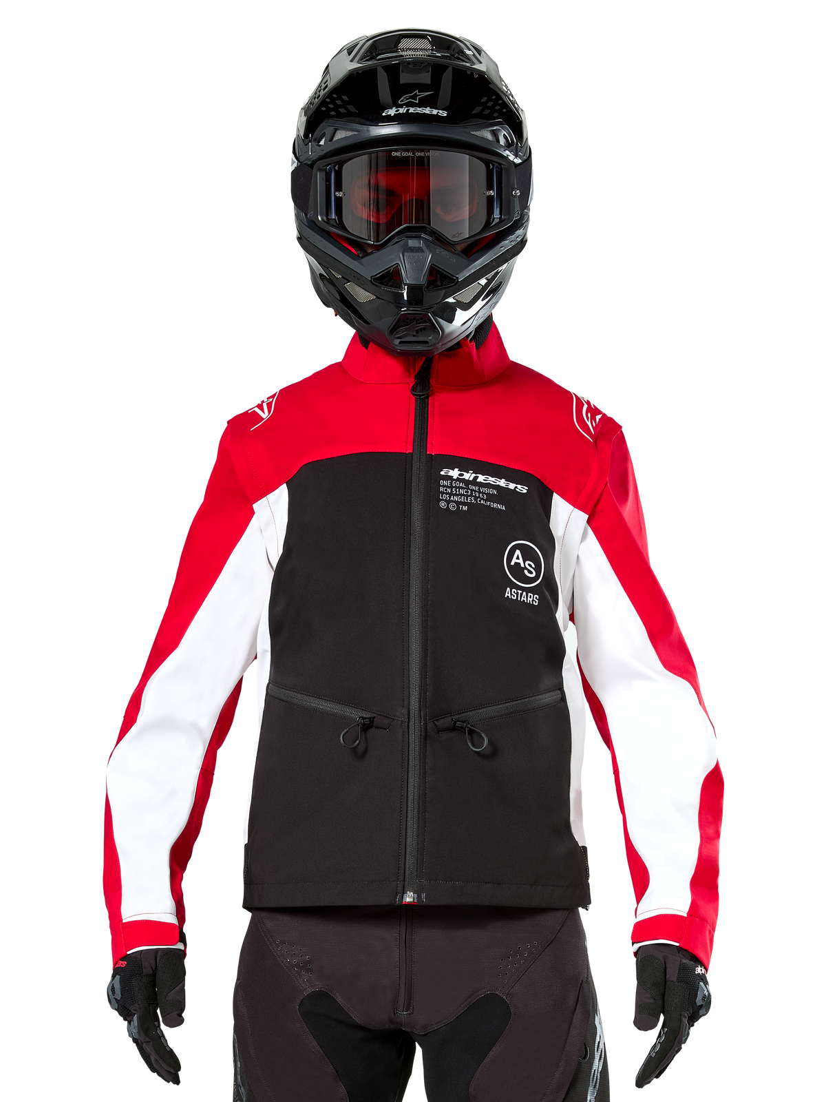 Alpinestars Lite-Dura Softshell Jacket in Black Bright Red and White, worn by a motocross rider with a black helmet and red-tinted goggles, featuring white panels on the sleeves, Alpinestars branding on the chest, and a sporty off-road design.