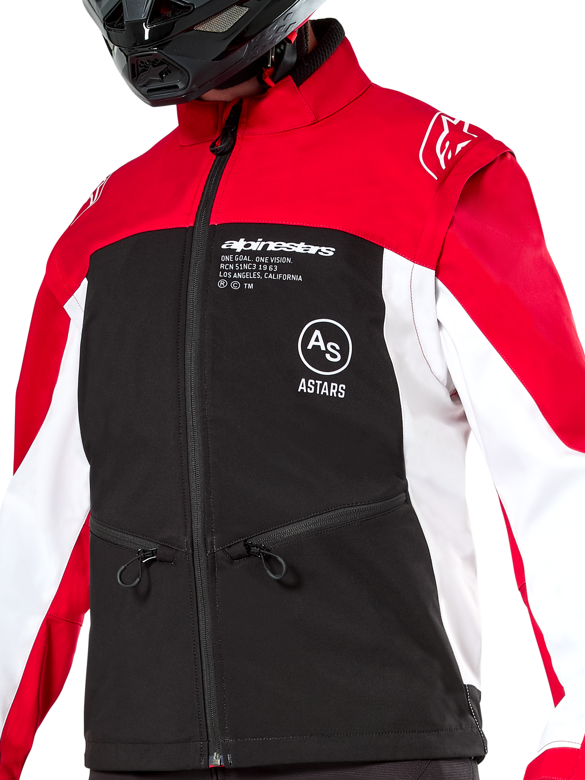 Alpinestars Lite-Dura Softshell Jacket, Off-road Enduro Jacket, Black Bright Red and White, featuring red shoulders and collar, black chest with white Alpinestars and ASTARS logos, white sleeves, zippered front pockets, worn by a rider with a black helmet.