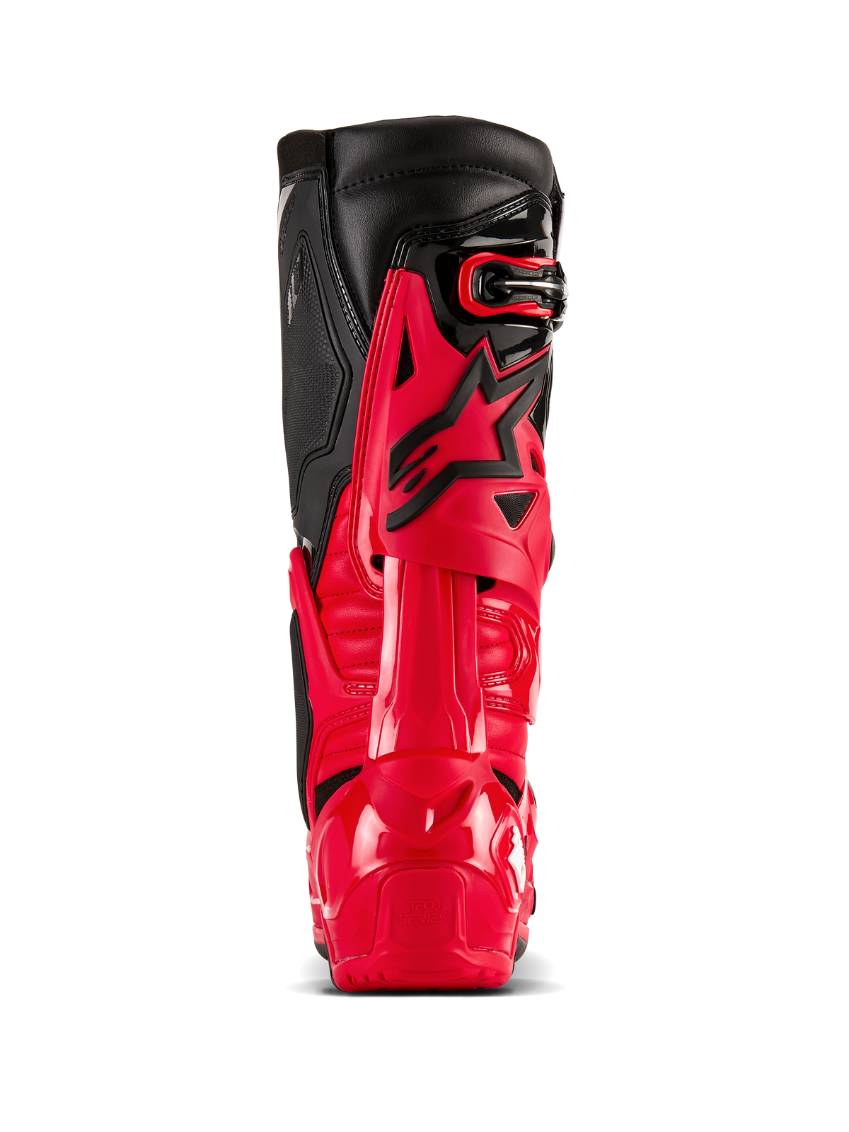 Botas Alpinestars Tech 10 Enduro en rojo brillante y negro, vista trasera que muestra el Protector Dinámico de Compresión del Talón y el bastidor de flexión, equipo profesional de motocross con carcasa de TPU duradera y paneles superiores de cuero negro