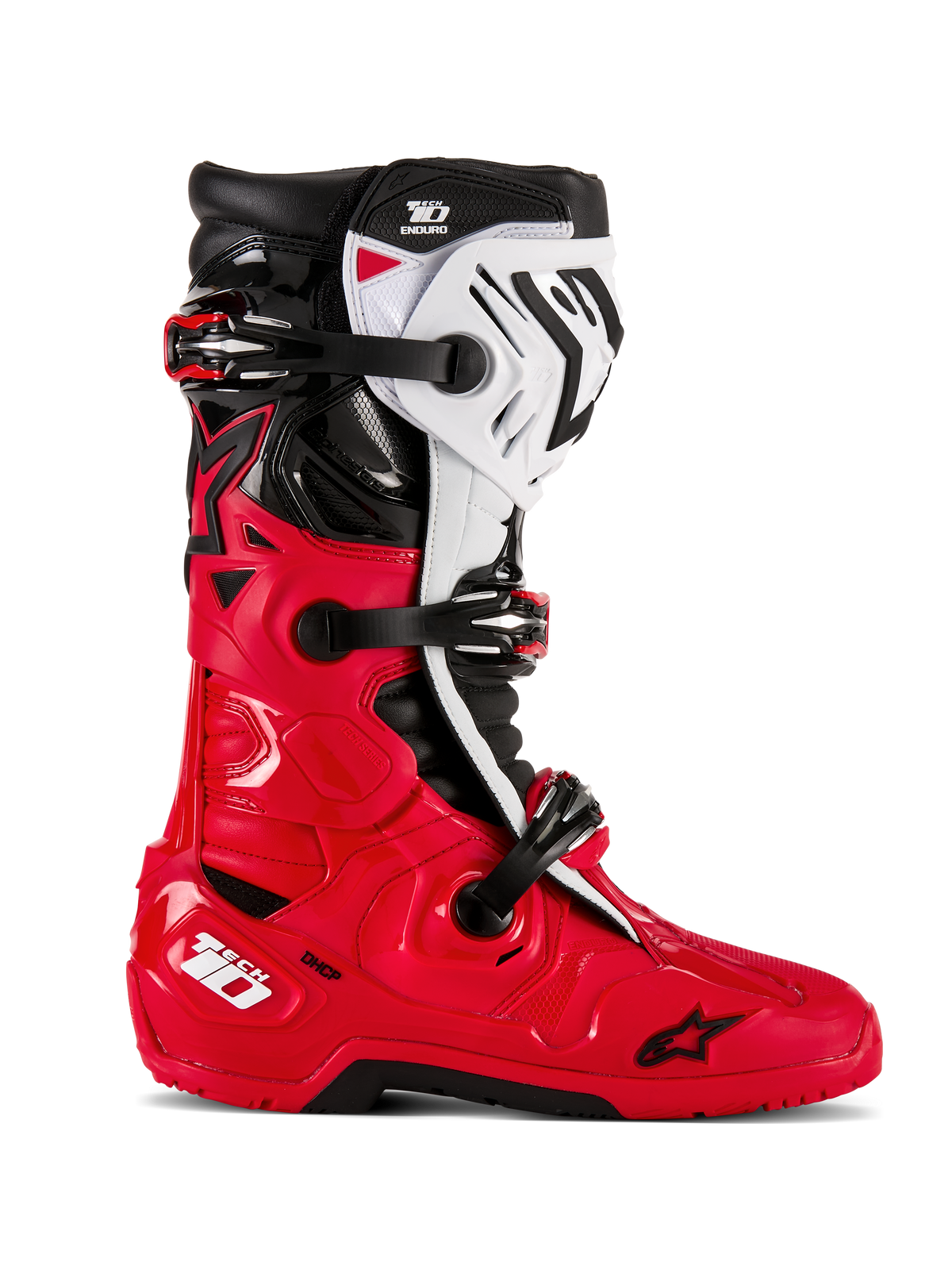 Botas Alpinestars Tech 10 Enduro, botas de motocross todoterreno, rojo brillante, negro y blanco, vista de perfil lateral, sistema de cierre con triple hebilla, paneles protectores robustos, suela de agarre especializada para enduro y logotipo Alpinestars