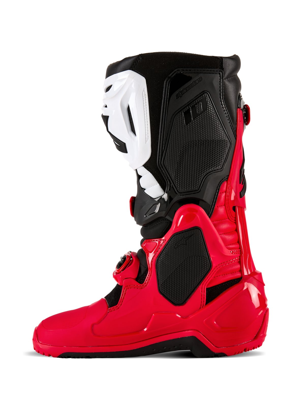 Botas Alpinestars Tech 10 Enduro, botas de motocross y enduro, rojo brillante, negro y blanco, vista de perfil lateral con una carcasa de TPU duradera, placa de espinilla blanca y paneles superiores negros, diseñadas para un rendimiento todoterreno