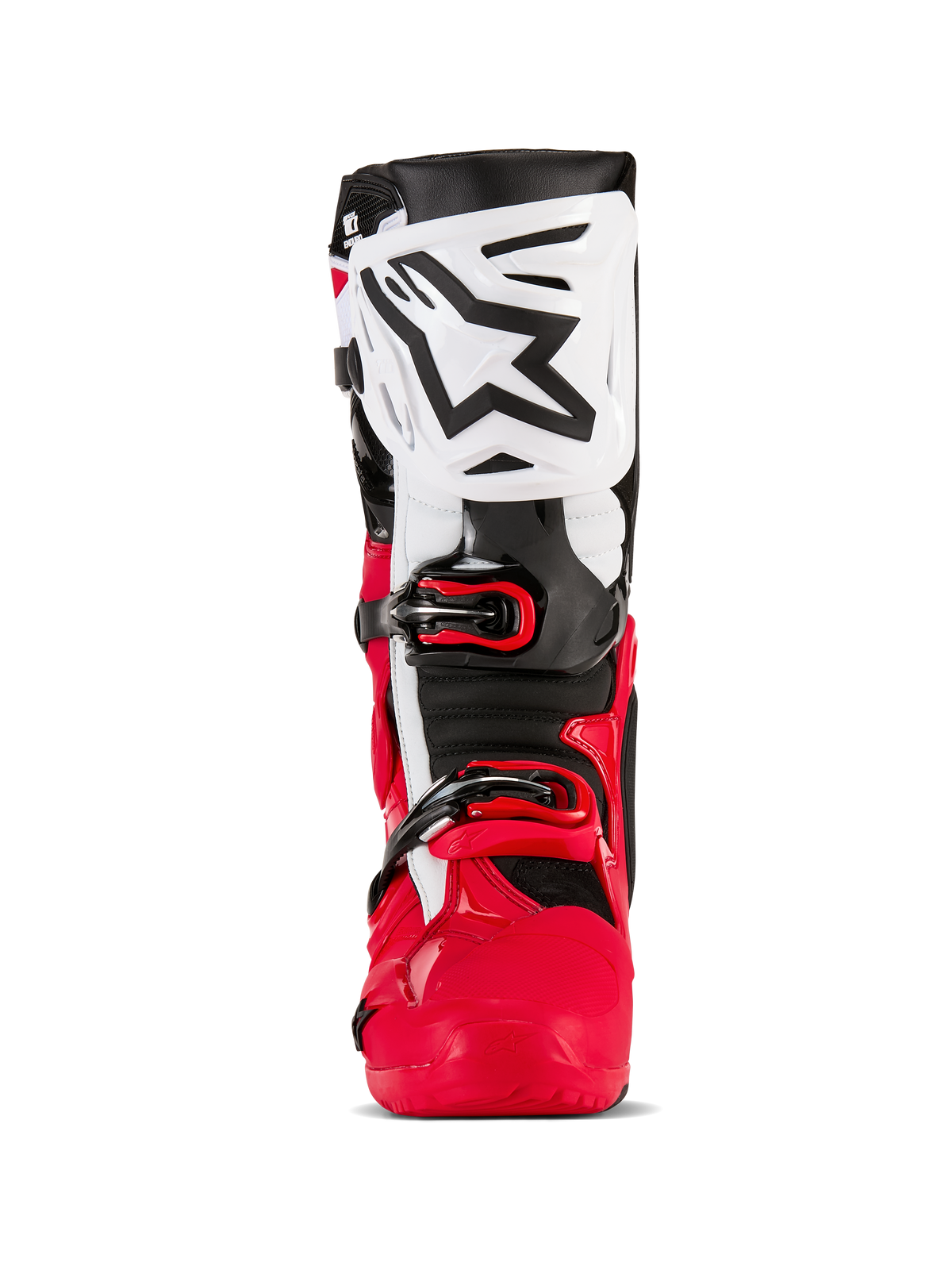 Botas Alpinestars Tech 10 Enduro, botas de motocross y enduro, rojo brillante, negro y blanco, vista frontal con espinillera blanca y logotipo negro de Alpinestars, chasis inferior rojo y sistema de cierre de hebilla seguro, equipo de protección de alto rendimiento para conducción todoterreno