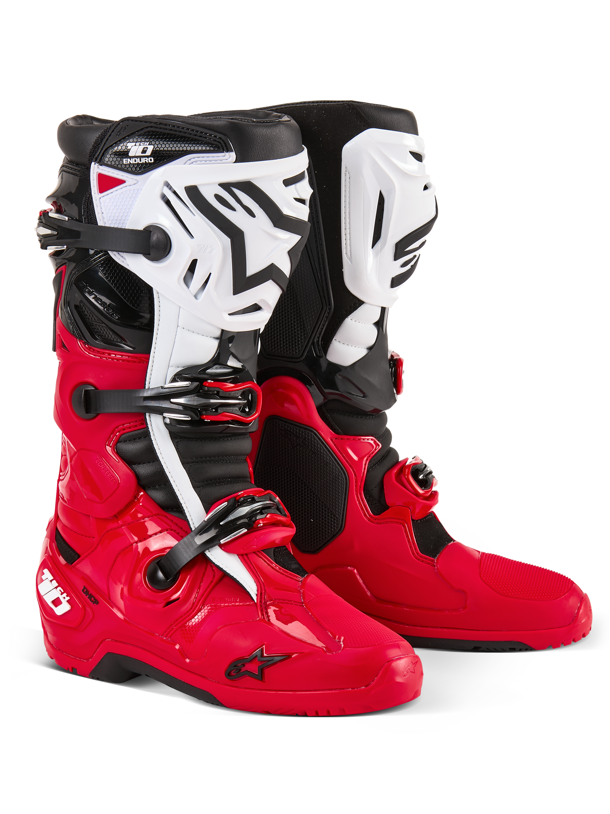 Botas Alpinestars Tech 10 Enduro, botas de motocross y enduro, rojo brillante, negro y blanco, espinilleras blancas con logotipo Astars en negro, hebillas y correas negras, diseño duradero para competición off-road