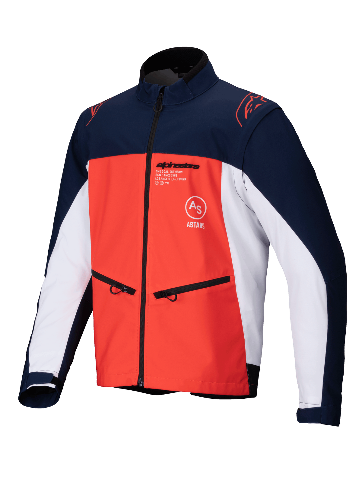 Alpinestars Lite-Dura Softshell Jacket, Navy Hot Orange and White, front view of a technical off-road jacket featuring zippered hand pockets, chest logos, and durable stretch material for enduro riding.