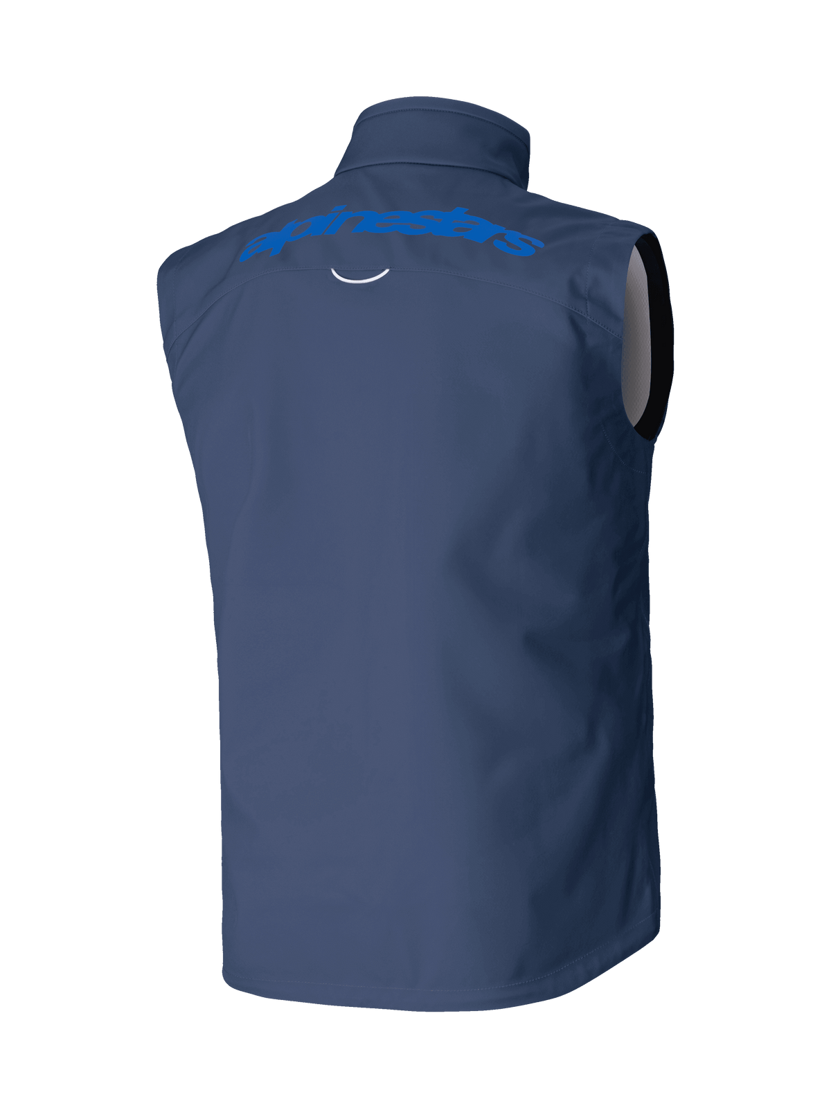 Chaleco Alpinestars Techstar Softshell, azul marino, vista trasera con logotipo de Alpinestars en azul claro en los hombros, confección en softshell elástico y cortaviento para motocross y conducción off-road
