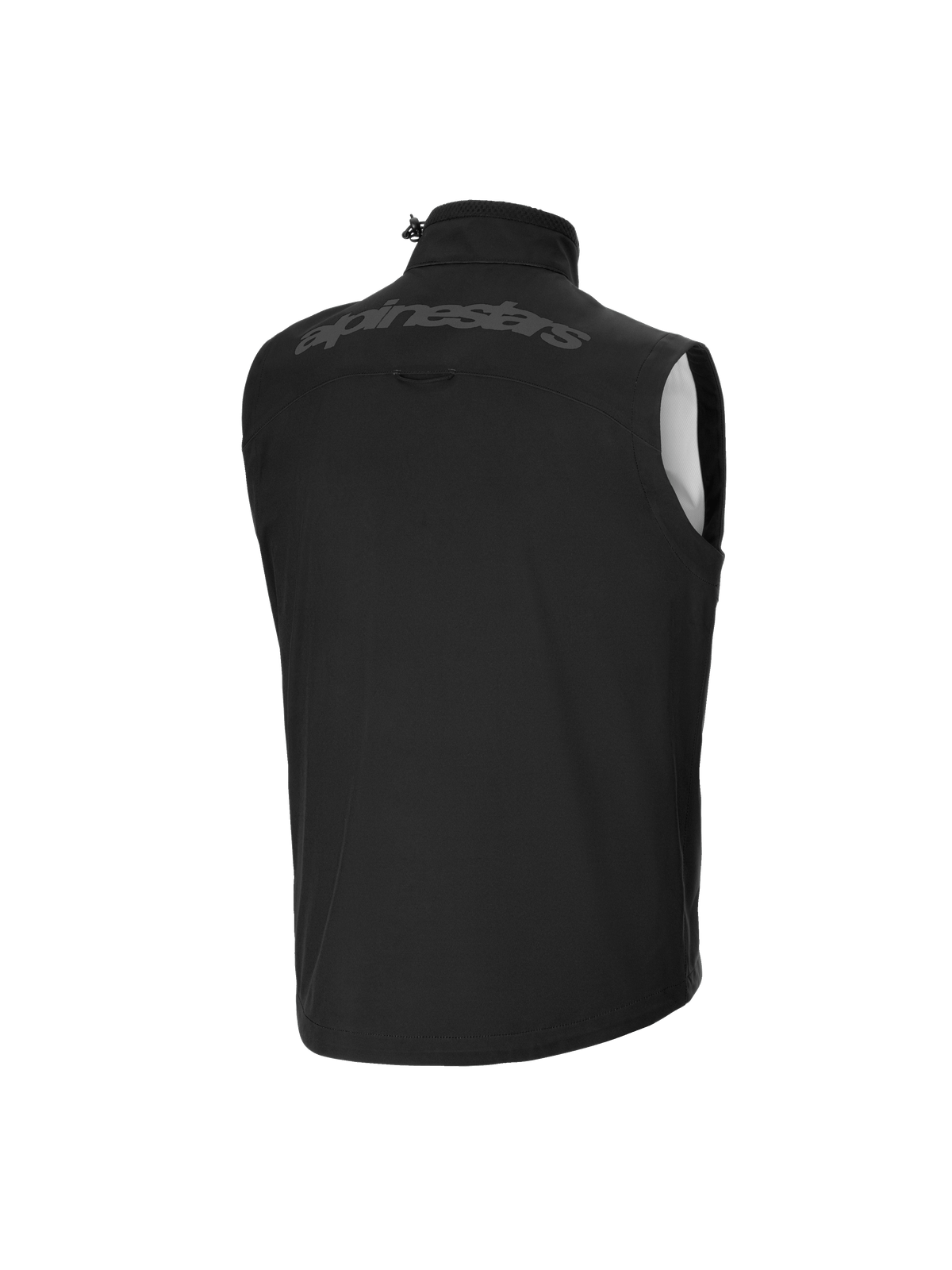 Alpinestars Youth Techstar Softshell Vest, chaleco de motocross, negro, vista posterior, con logotipo de Alpinestars tonal en la parte superior de la espalda, cuello alto con ajuste de cordón elástico, material softshell ligero y cortaviento.