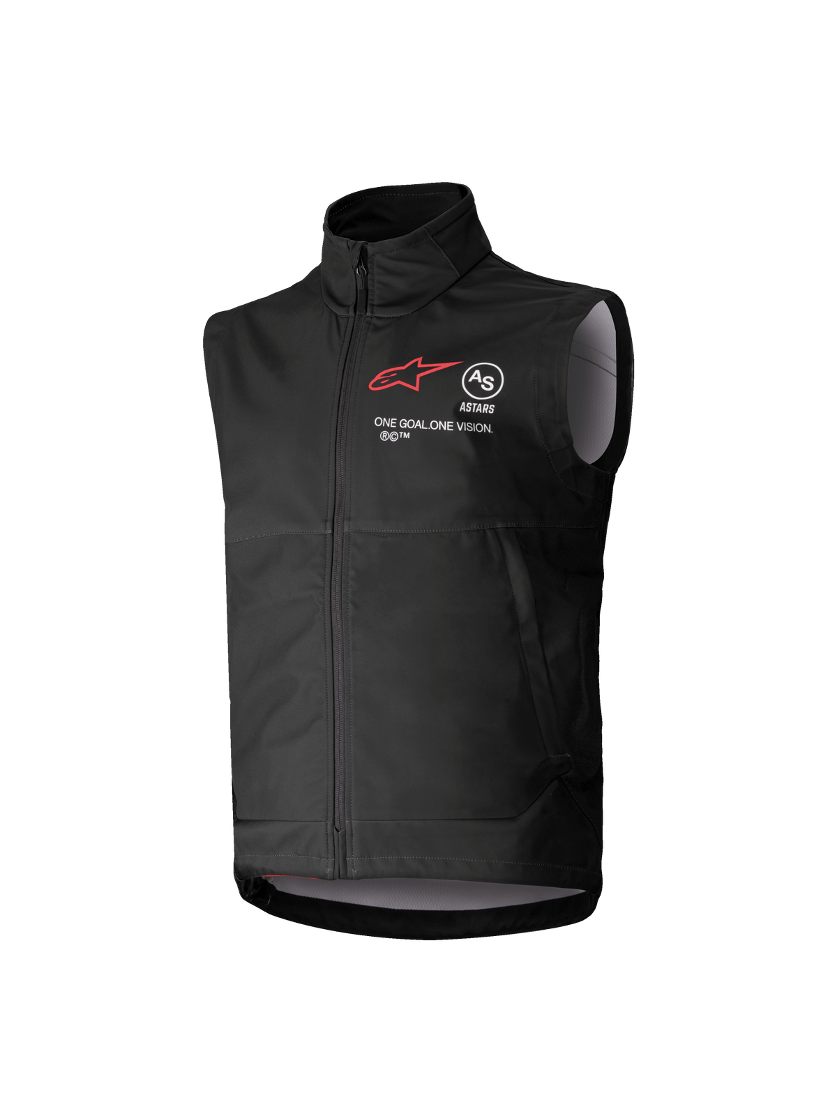 Alpinestars Youth Techstar Softshell Vest, chaleco de motocross sin mangas negro, logo de estrella roja, cuello alto, cremallera frontal, marca 'ONE GOAL. ONE VISION.', forro gris claro, equipamiento de motociclismo juvenil