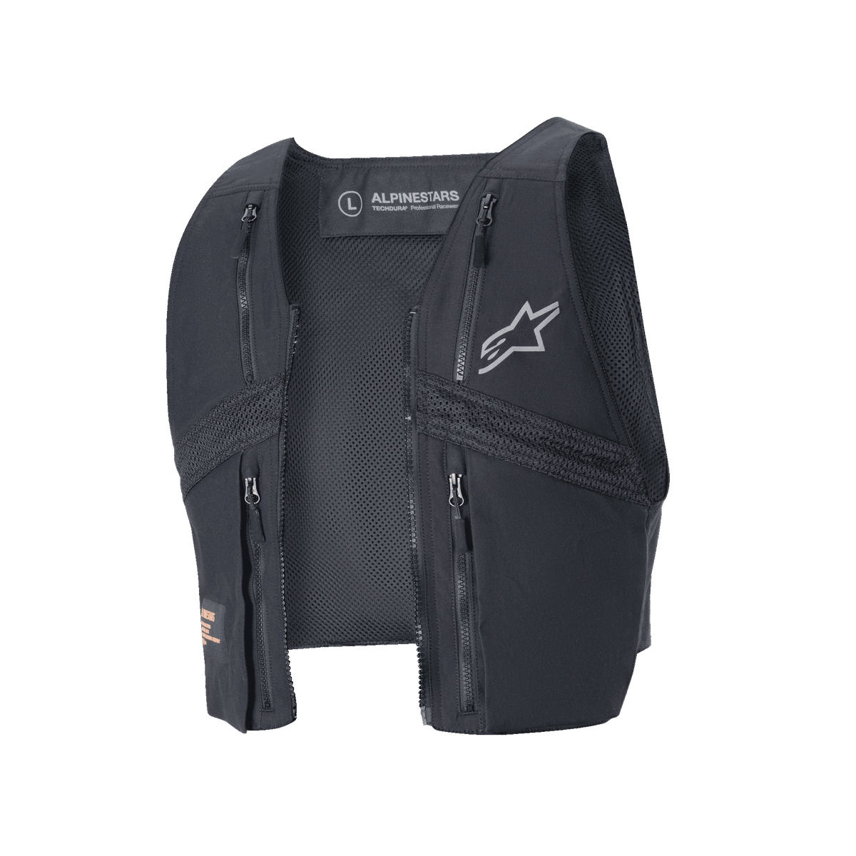 Alpinestars Techdura Tactical Vest, negro, chaleco de enduro desmontable para la chaqueta Techdura, con cuatro bolsillos en el pecho con cremallera, paneles de malla para ventilación y un logotipo gris de Alpinestars