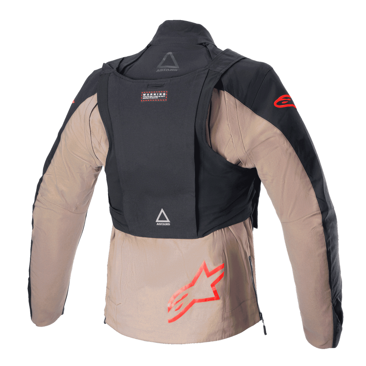 Chaqueta Alpinestars Techdura, Black Falcon Brown, vista trasera que muestra el paquete táctico desmontable, logotipos rojos de la estrella Alpinestars, construcción textil robusta para enduro y conducción todoterreno