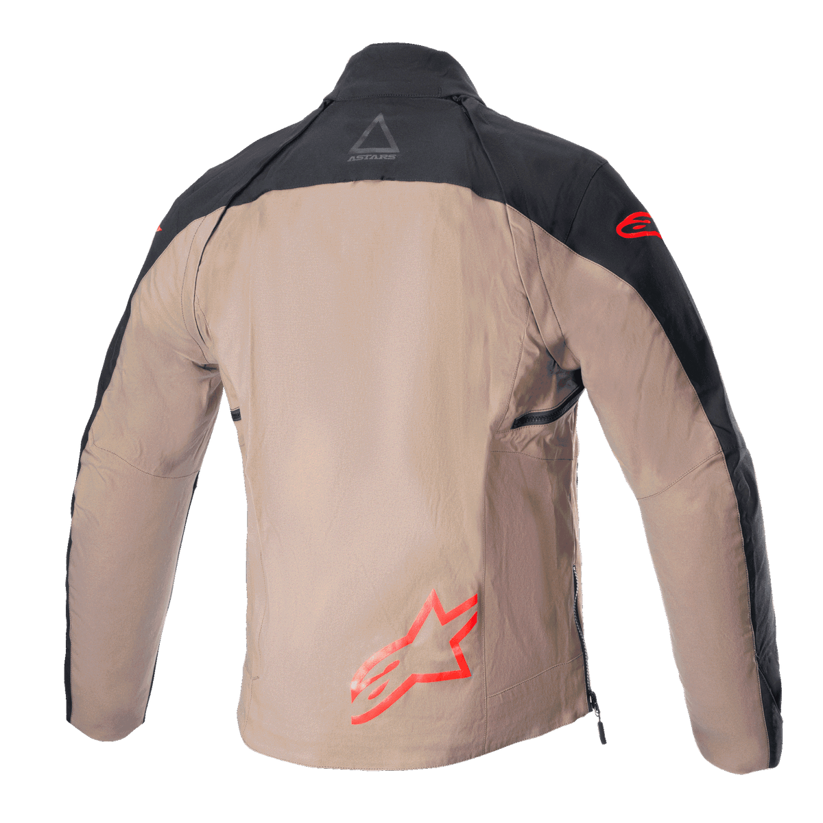 Alpinestars Techdura Jacket, chaqueta de enduro y todoterreno, negro y marrón Falcon, vista trasera sin chaleco táctico, con logotipos rojos de Astars y construcción de lona de poliamida resistente