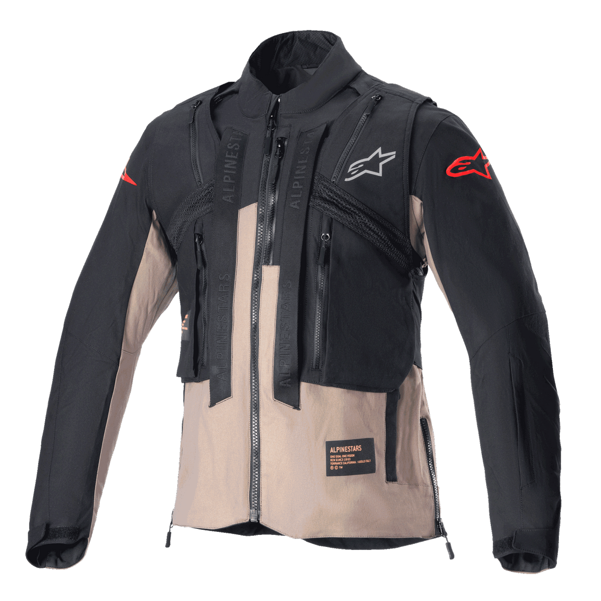 Alpinestars Chaqueta Techdura, chaqueta de enduro todoterreno, negro y marrón Falcon, con diseño modular con chaleco táctico integrado, múltiples bolsillos utilitarios, confección textil resistente y logotipos de Alpinestars en el pecho y las mangas.
