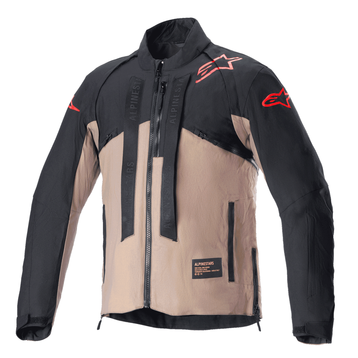 Alpinestars Chaqueta Techdura, chaqueta de moto todoterreno, negro y marrón Falcon, diseño bicolor con logotipos de estrella rojos en hombros y mangas, correas verticales con la marca Alpinestars en el pecho, material textil duradero