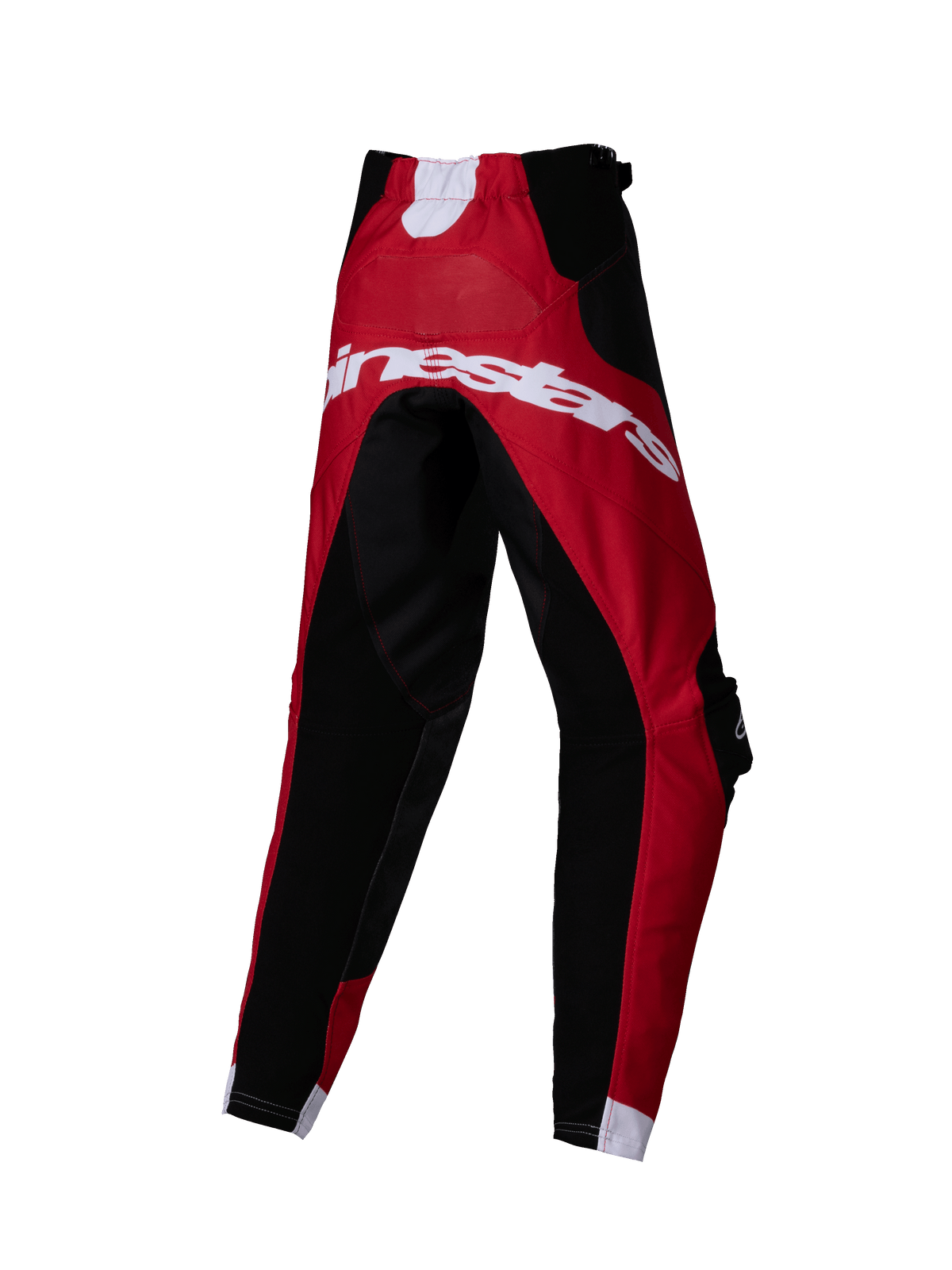 Alpinestars 2025 Kids Racer Veil Pants, pantalones de motocross para niños, negro y rojo brillante, vista trasera con gran logotipo de Alpinestars en blanco, diseño técnico de paneles múltiples para carreras todoterreno
