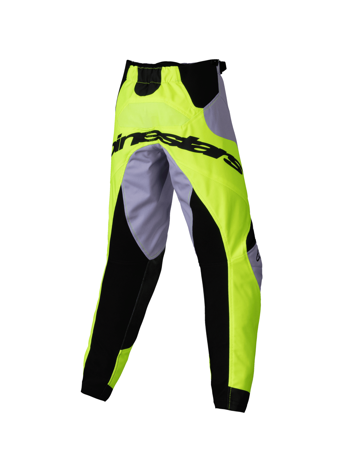 Alpinestars Kids Racer Veil Pants 2025, pantalones de motocross para niños, gris y amarillo flúor, con paneles elásticos negros y el logotipo de Alpinestars en la parte trasera, diseño ergonómico deportivo para carreras off-road juveniles