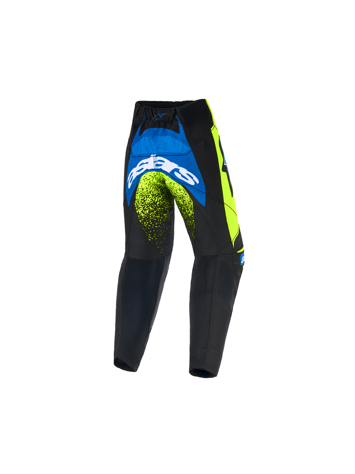 Alpinestars 2026 Kids Racer Nomur Pants, pantalones de motocross para niños, azul marino oscuro, amarillo flúor y azul UCLA, vista trasera con el logo blanco de Astars y detalles en neón, diseño duradero de equipamiento para todoterreno