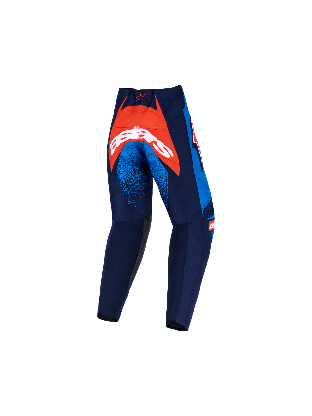 Pantalones Alpinestars Kids Racer Nomur 2026, pantalones de motocross, azul marino oscuro, naranja y azul UCLA, vista trasera con un gran panel naranja en el asiento con marca blanca, detalles moteados azules en los muslos y construcción textil duradera para conducción todoterreno.