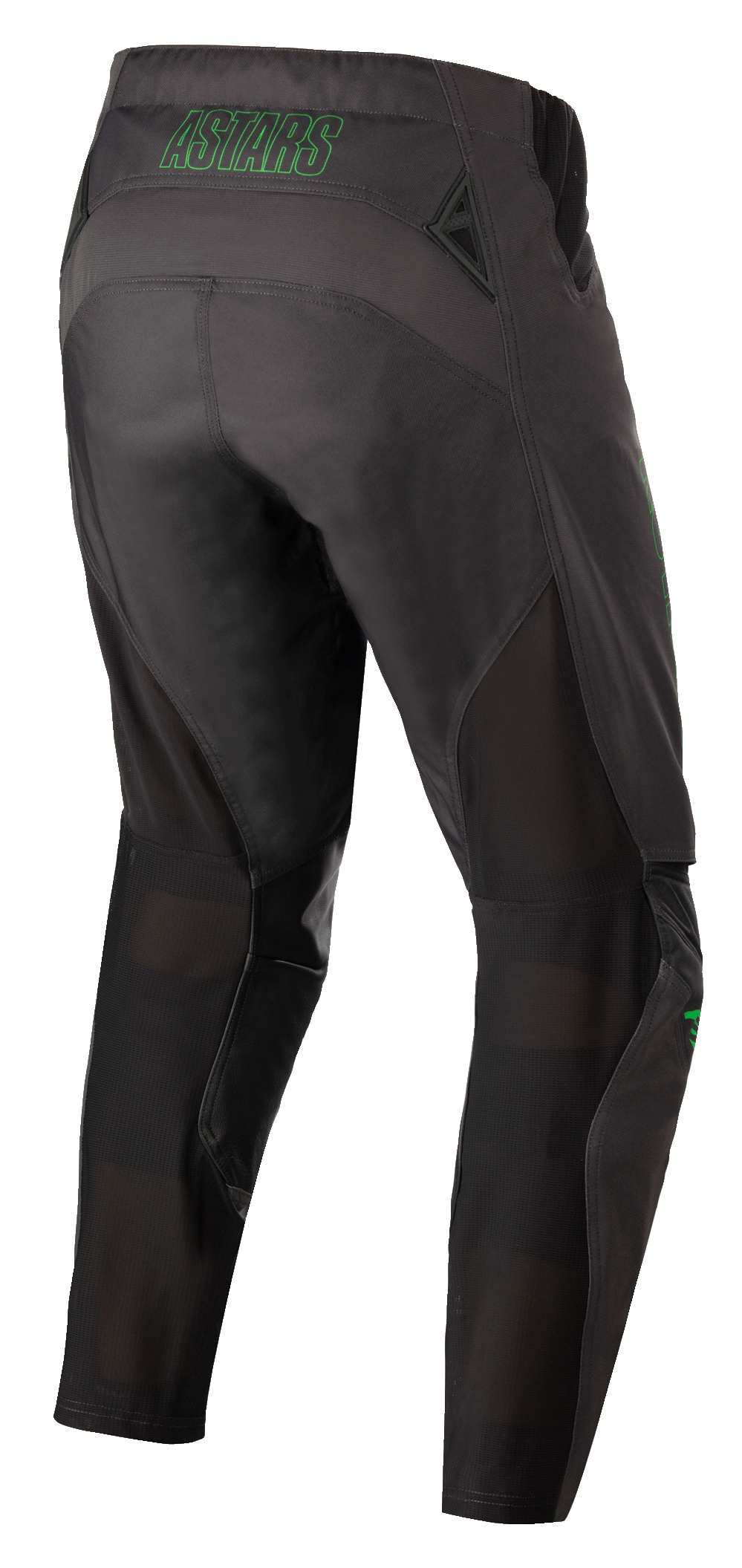 Pantalones Alpinestars Techstar Phantom, pantalones de motocross, antracita y verde neón, vista trasera con la marca 'ASTARS' en verde neón en la cintura, paneles de ventilación de malla en la parte posterior de las piernas y asiento reforzado para mayor durabilidad en carreras off-road