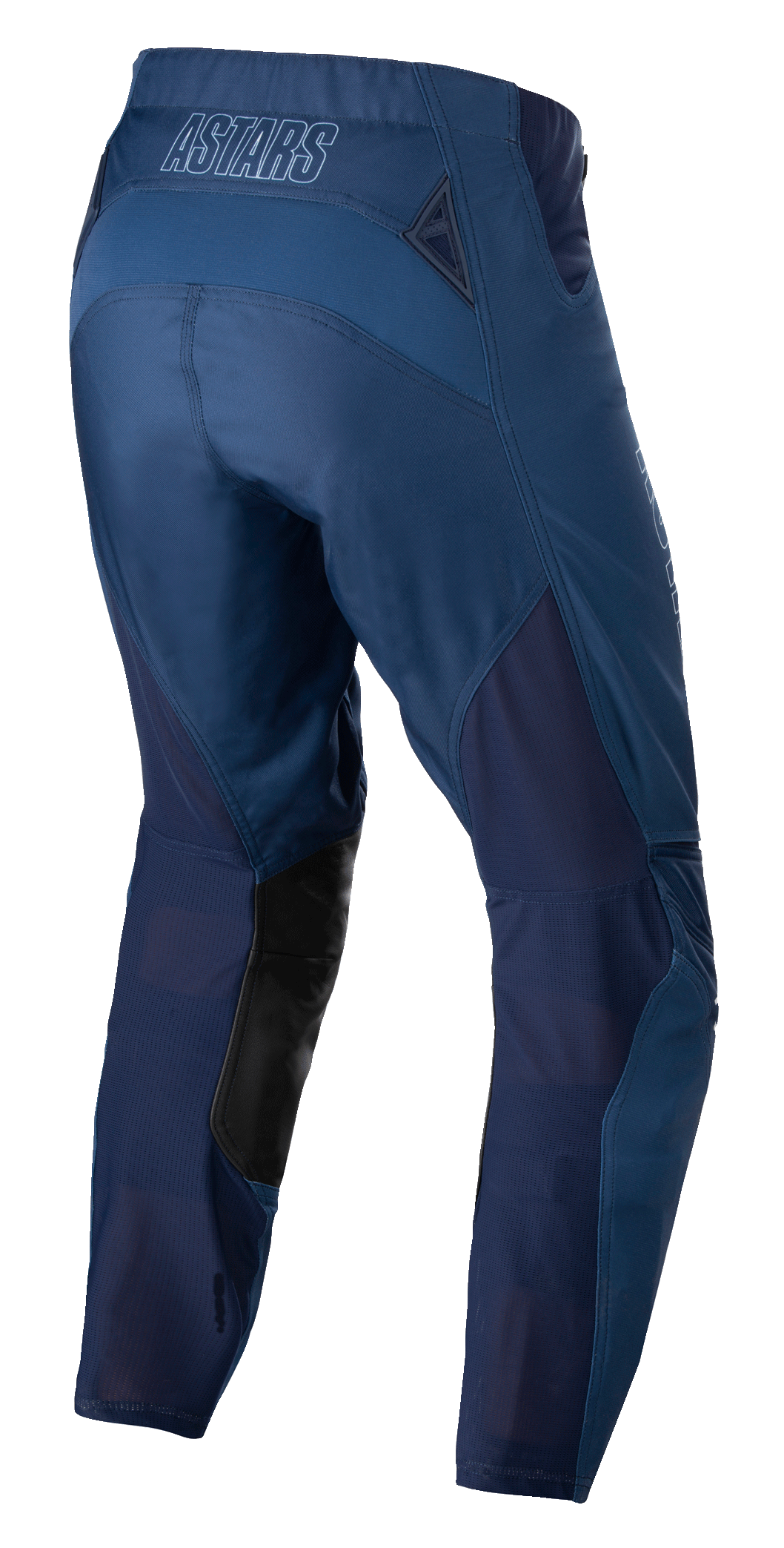 Pantalones Alpinestars Techstar Phantom, pantalones de motocross, azul oscuro, vista trasera con paneles de malla transpirable y parches de cuero negro en el interior de la pierna, logotipo ASTARS en la cintura, diseñados para rendimiento todoterreno