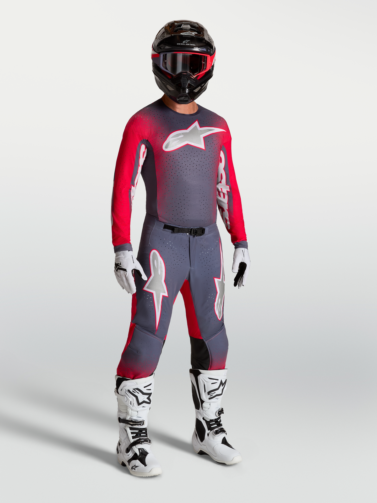Alpinestars Supertech Hiten AFD Gear Set y Pantalones, equipo de motocross para hombre, gris y rojo flúor, ajuste atlético.