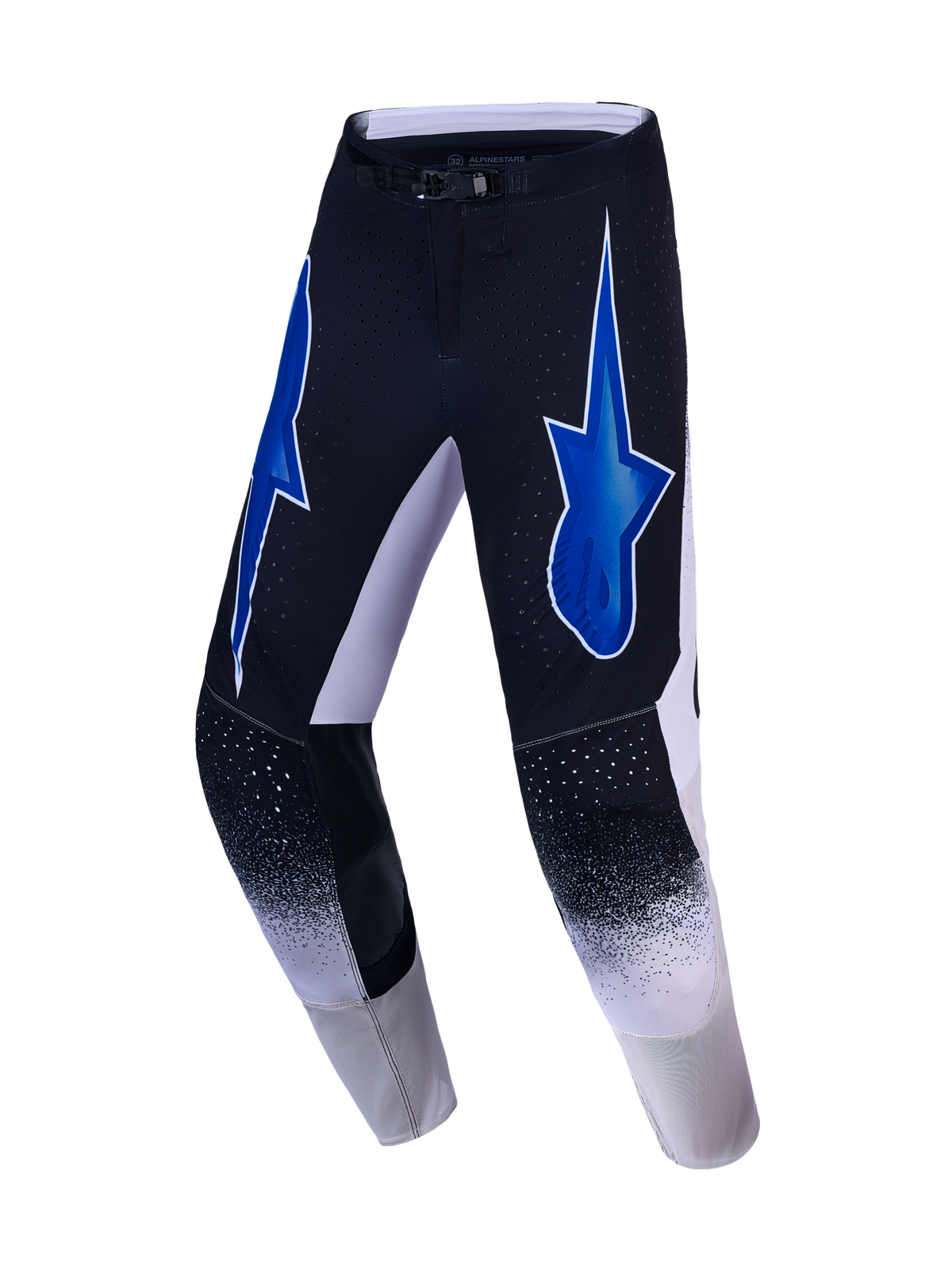 Alpinestars Supertech Hiten AFD, pantalones de motocross para off-road, negros y blancos con gráficos de estrellas azules y ventilación de alto rendimiento.