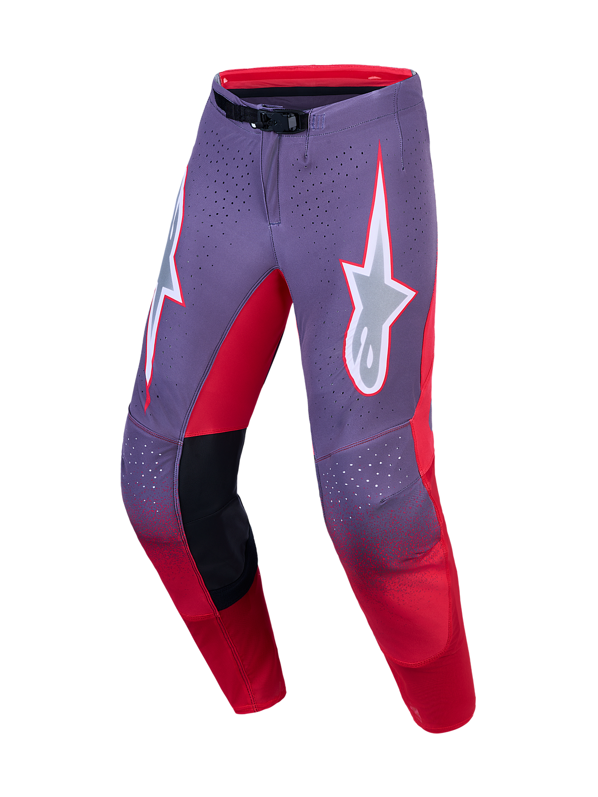 Alpinestars Supertech Hiten AFD, pantalones de motocross morados y rojos, con ventilación láser y ajuste de competición.