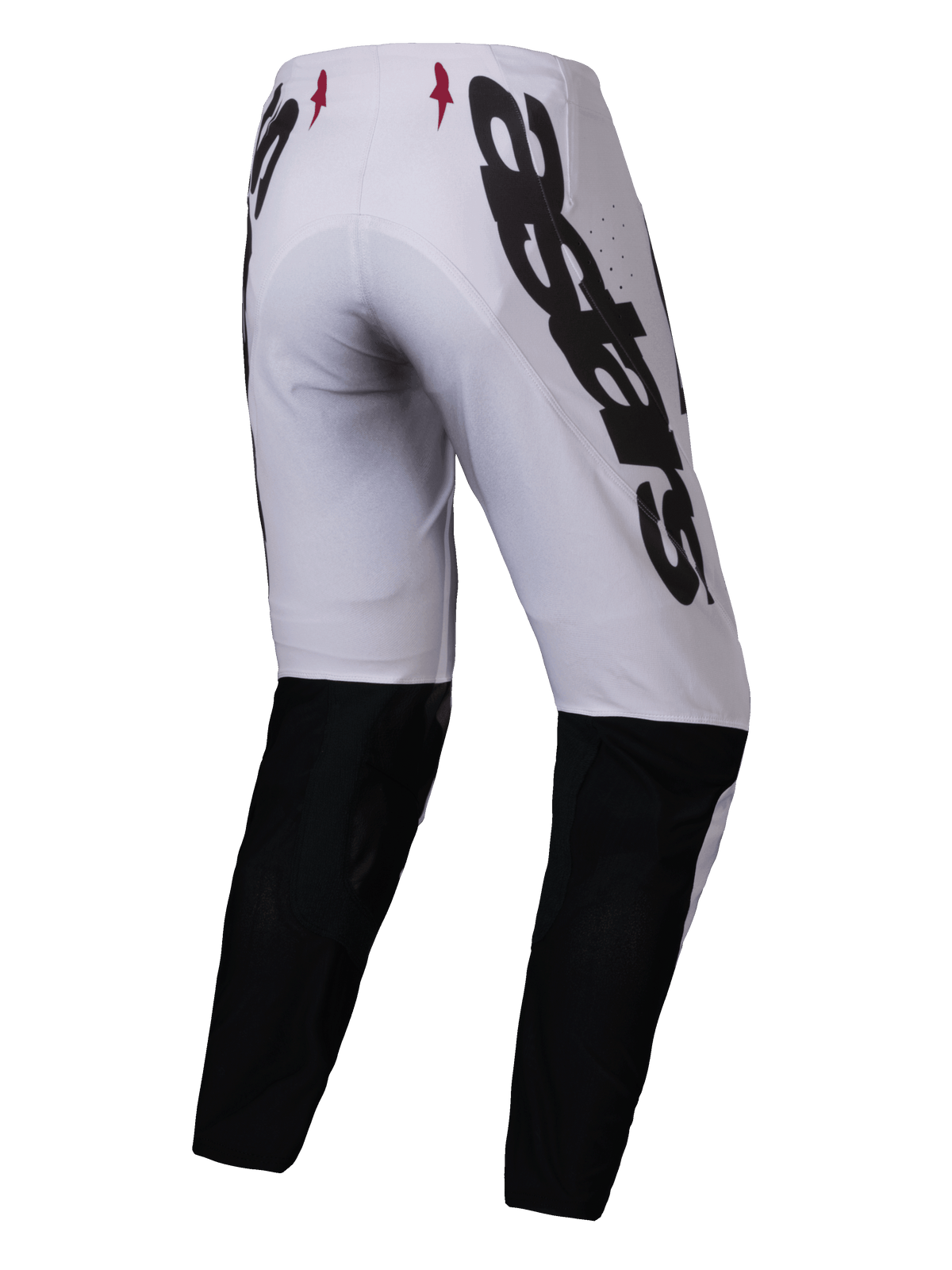 Alpinestars Supertech Maker 2025, pantalones de motocross, plata y negro, vista trasera con logotipo Alpinestars grande en negro en el lateral, paneles inferiores de las piernas en negro y pequeños logotipos de estrellas rojas en la cintura, diseñados para un rendimiento profesional todoterreno.