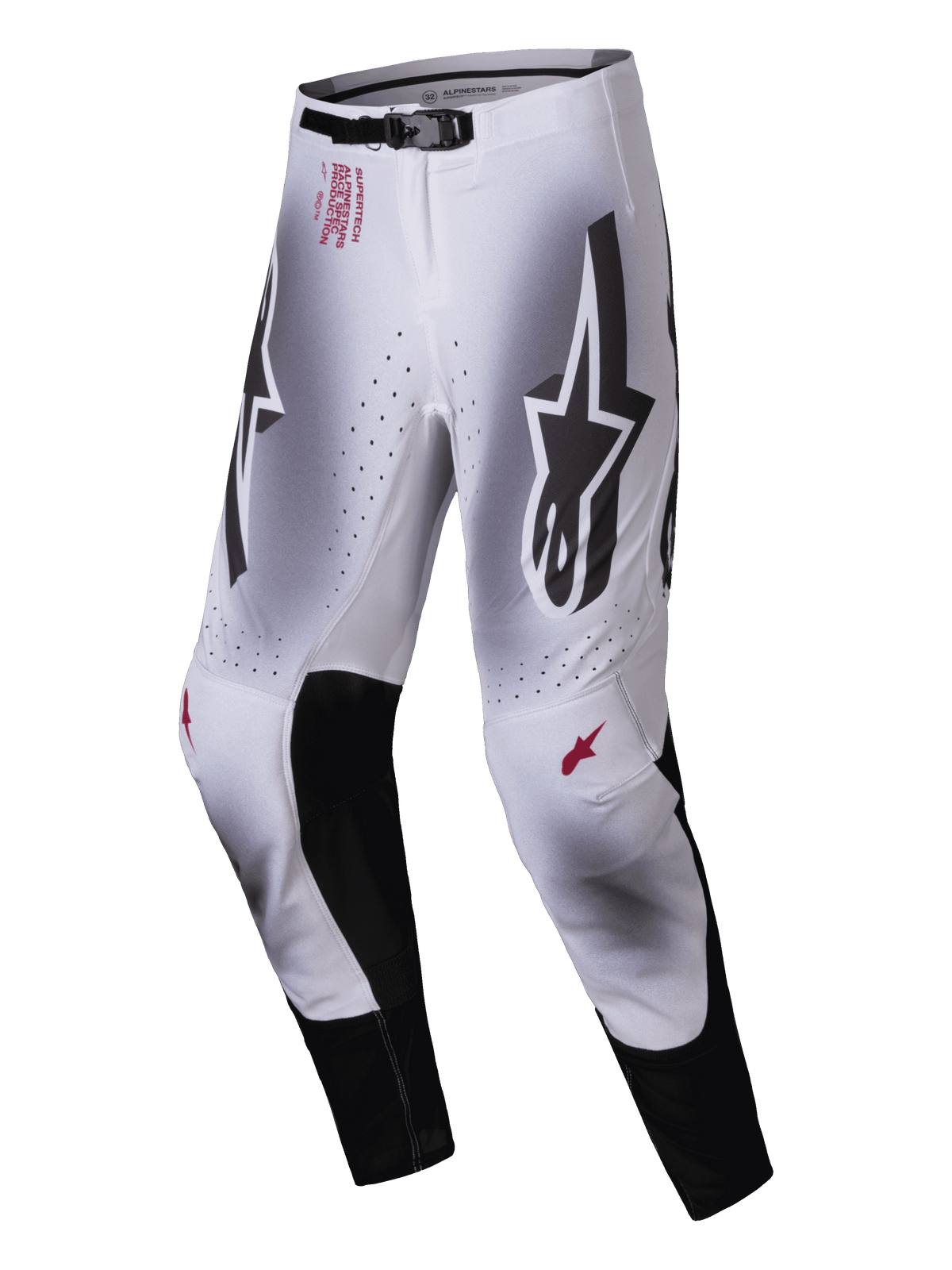 Alpinestars 2025 Supertech Maker Pants, pantalones de motocross, color plata y negro, con grandes logotipos Astars negros en los muslos, marca técnica roja en la cadera, paneles interiores de cuero negro en las rodillas y zonas de ventilación perforadas