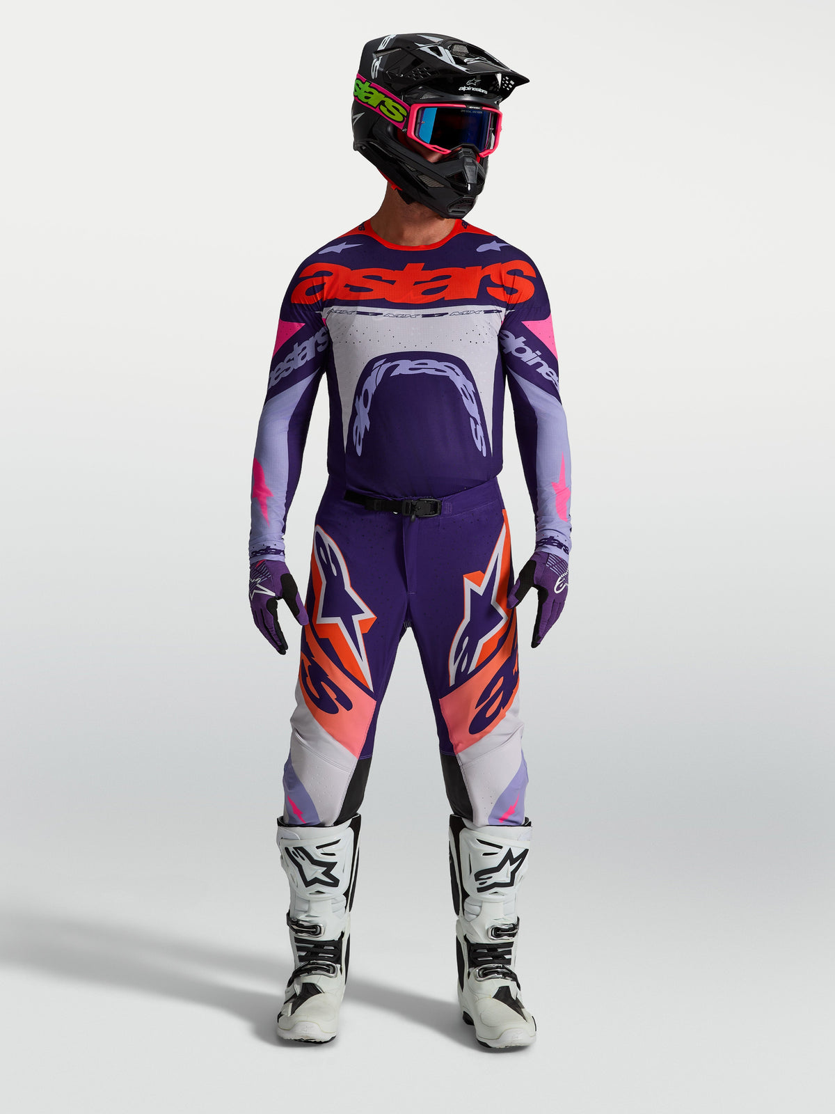 Alpinestars Supertech Dyna Pants and Jersey Gear Set, Men's Motocross Racing Outfit, Purple and Pink Fluo.