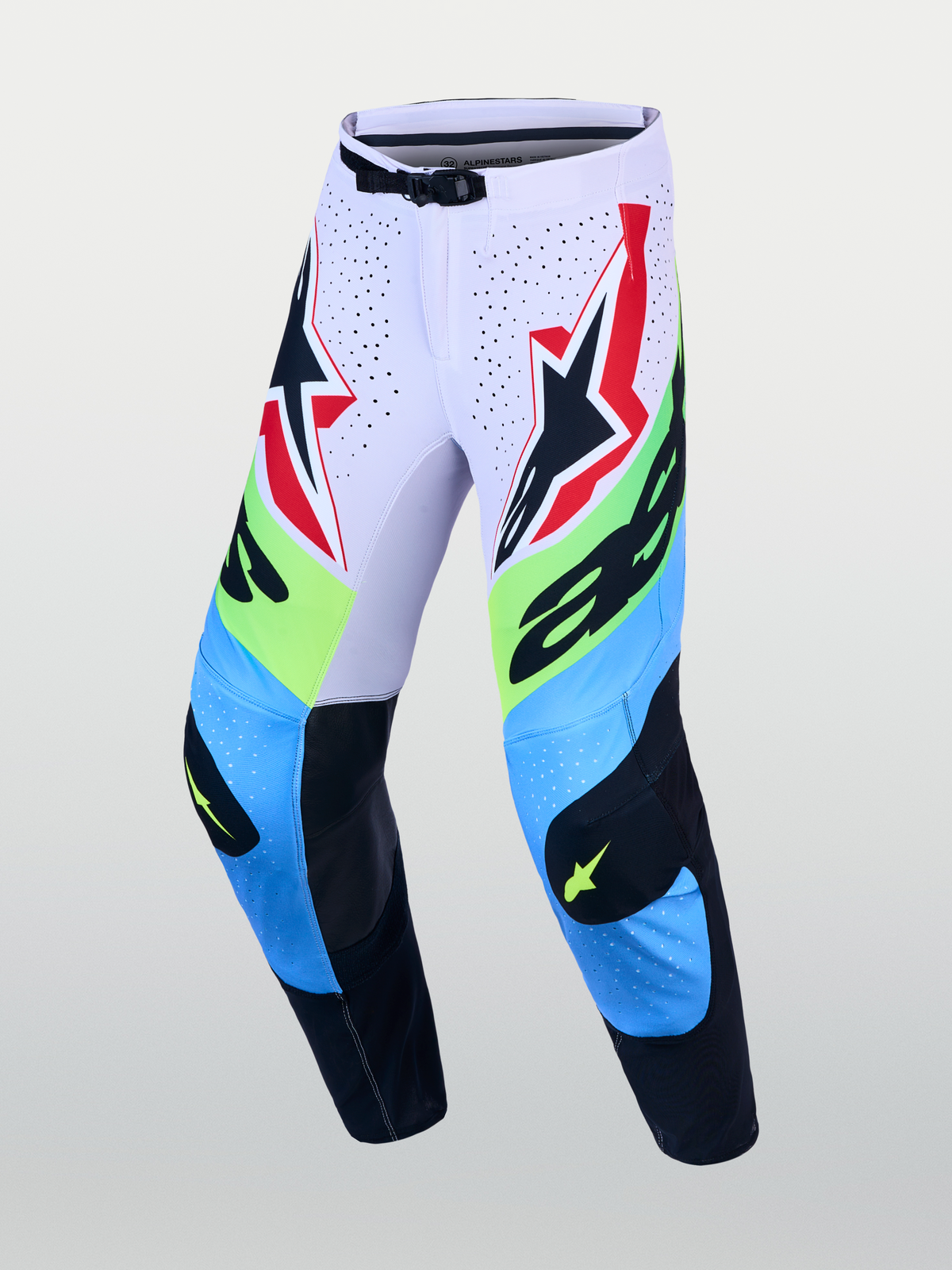 Alpinestars Supertech Dyna Pants, light lilac and green fluo motocross racing gear with protective leather knee panels.