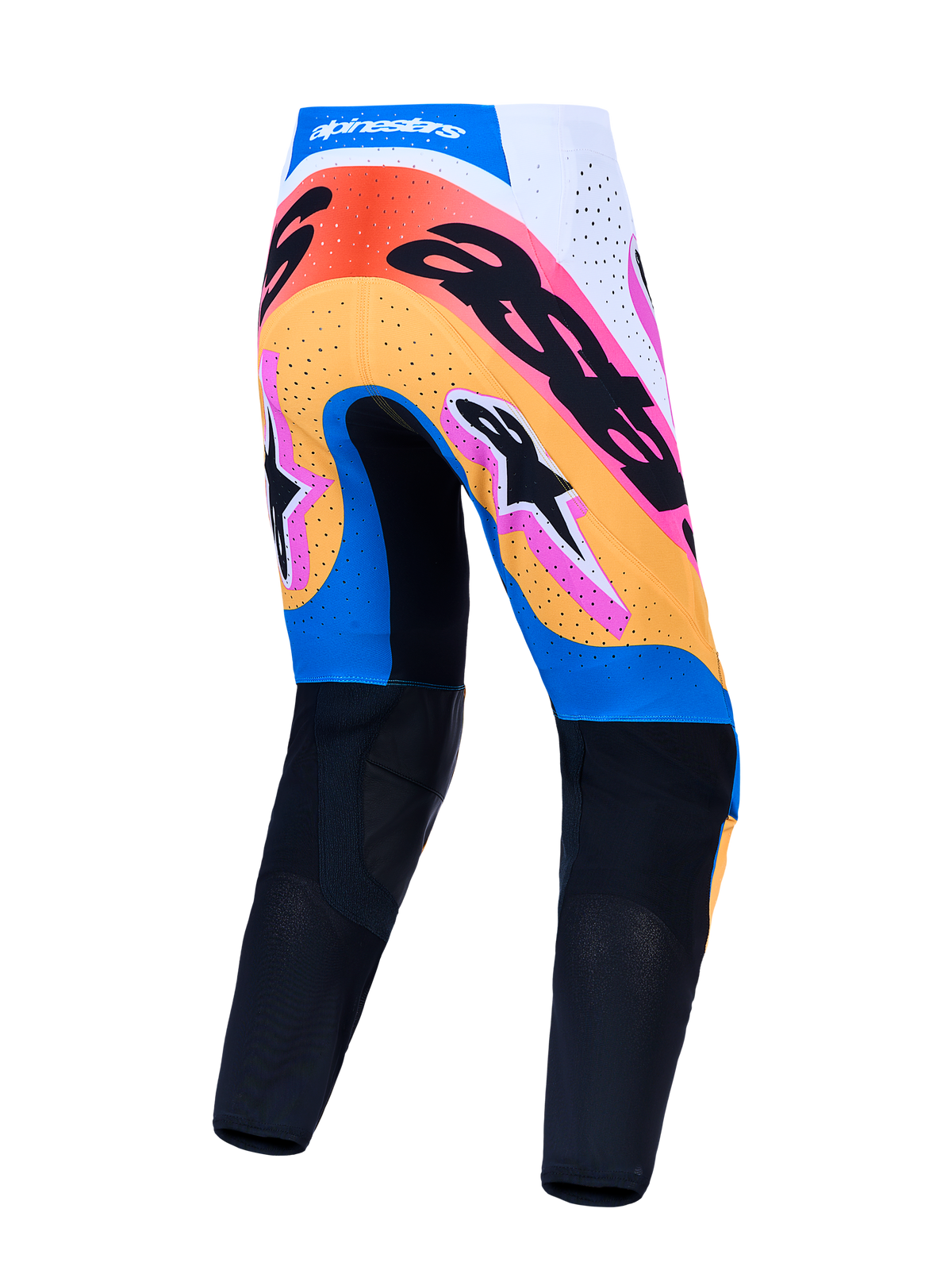 Alpinestars Supertech Dyna, pantalones de motocross para hombre, azul y naranja, vista trasera con paneles perforados.