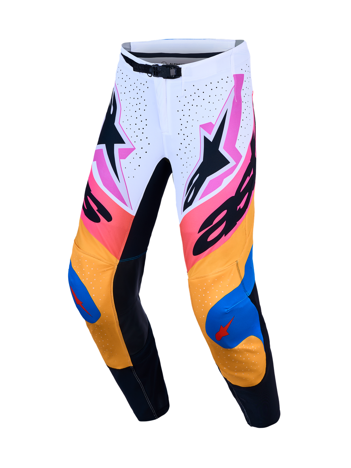 Pantalones Alpinestars Supertech Dyna de motocross para hombre, en blanco, azul y naranja, tejido rip-stop elástico.