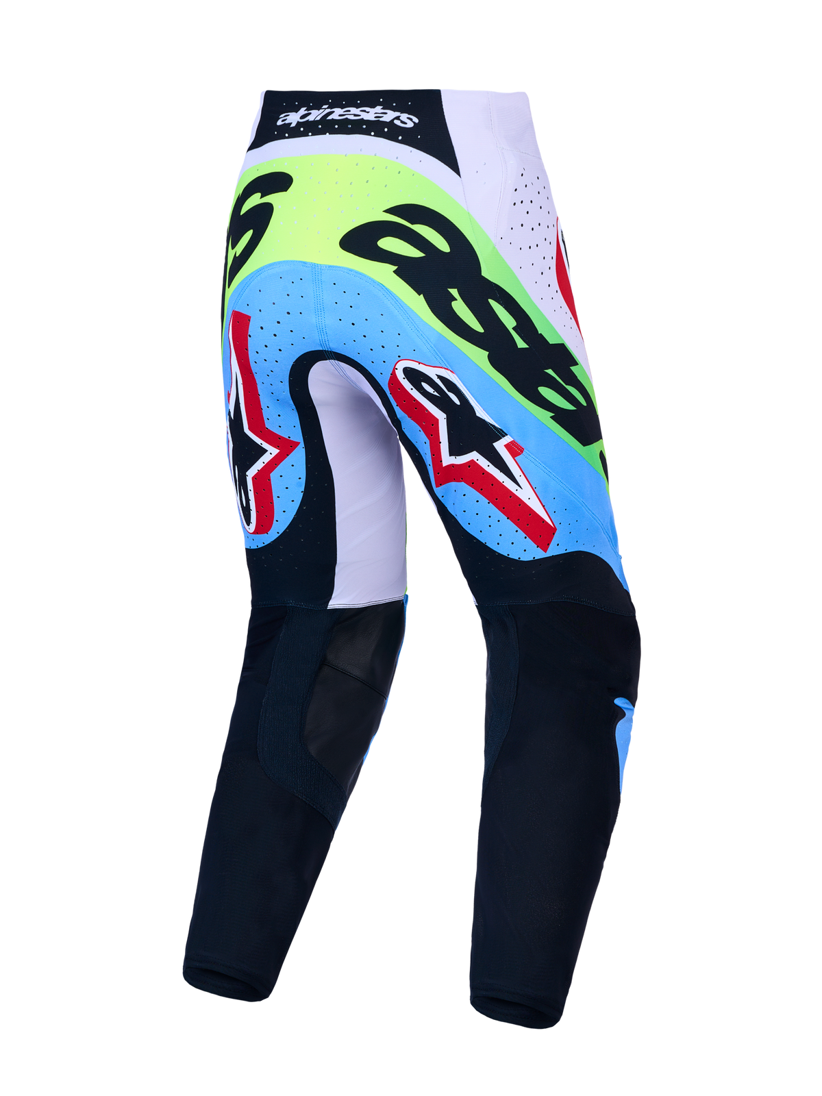Pantalones Alpinestars Supertech Dyna, de motocross para hombre, verde fluo y negro, vista trasera con zonas transpirables.