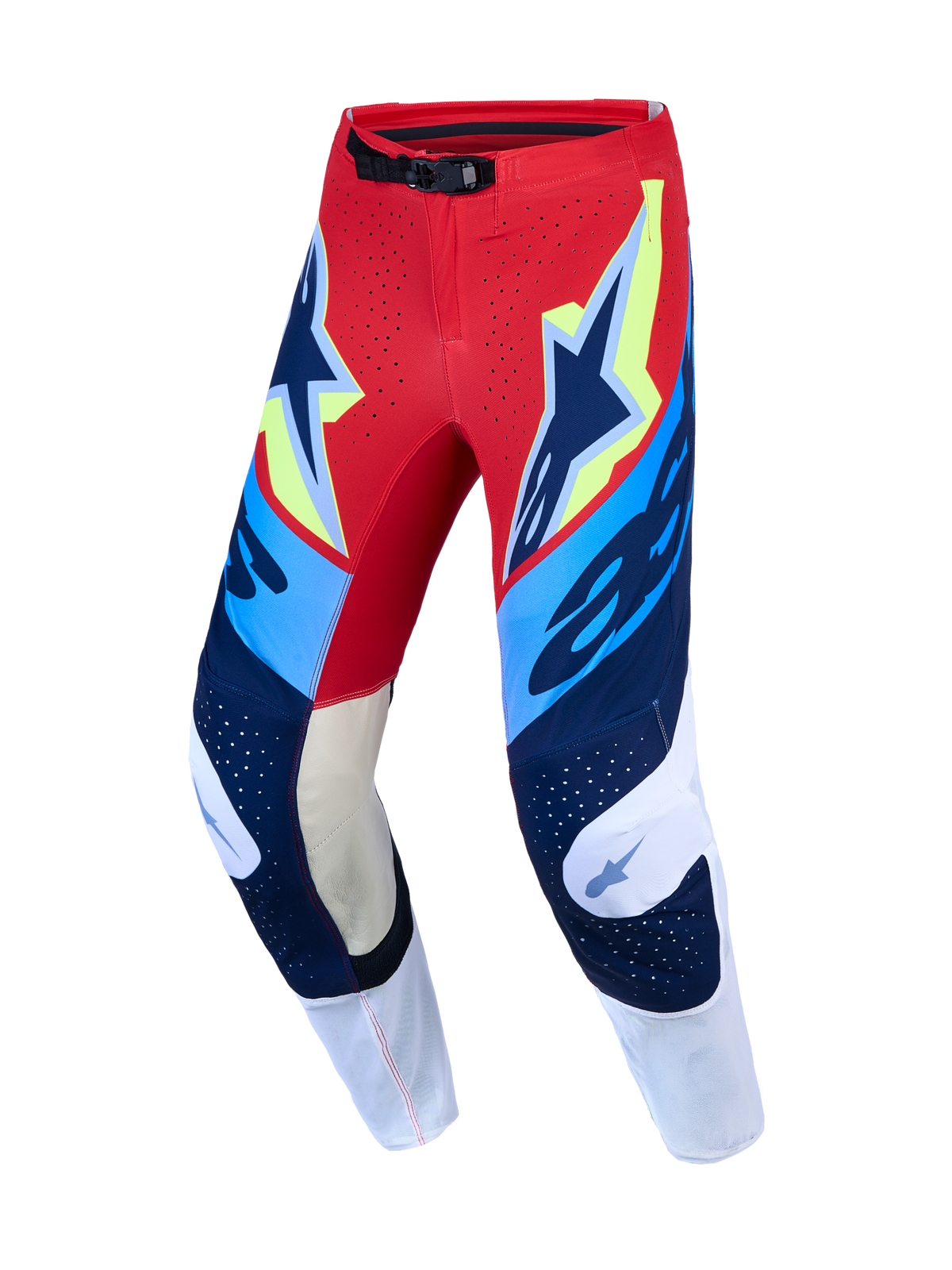 Alpinestars Supertech Dyna, pantalones de motocross para hombre, rojos, blancos y azul marino, paneles de rodilla en piel de cabra, diseño de alto rendimiento para competición