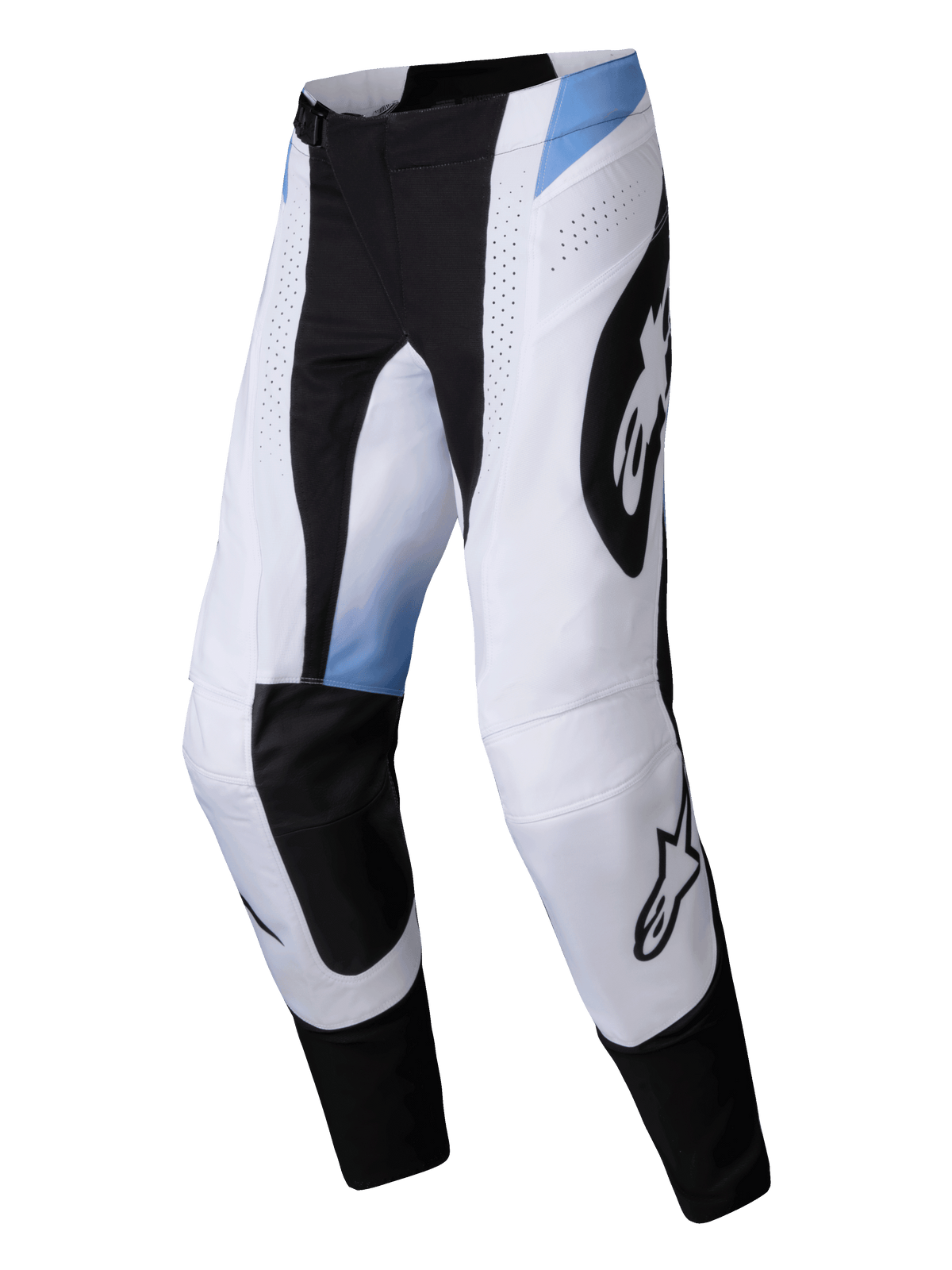 Pantalones Alpinestars Techstar Melt 2025, pantalones de motocross, blancos y negros con detalles en azul claro, con grandes logotipos negros de Alpinestars, perforaciones de ventilación cortadas con láser y un ajuste atlético duradero para carreras off-road