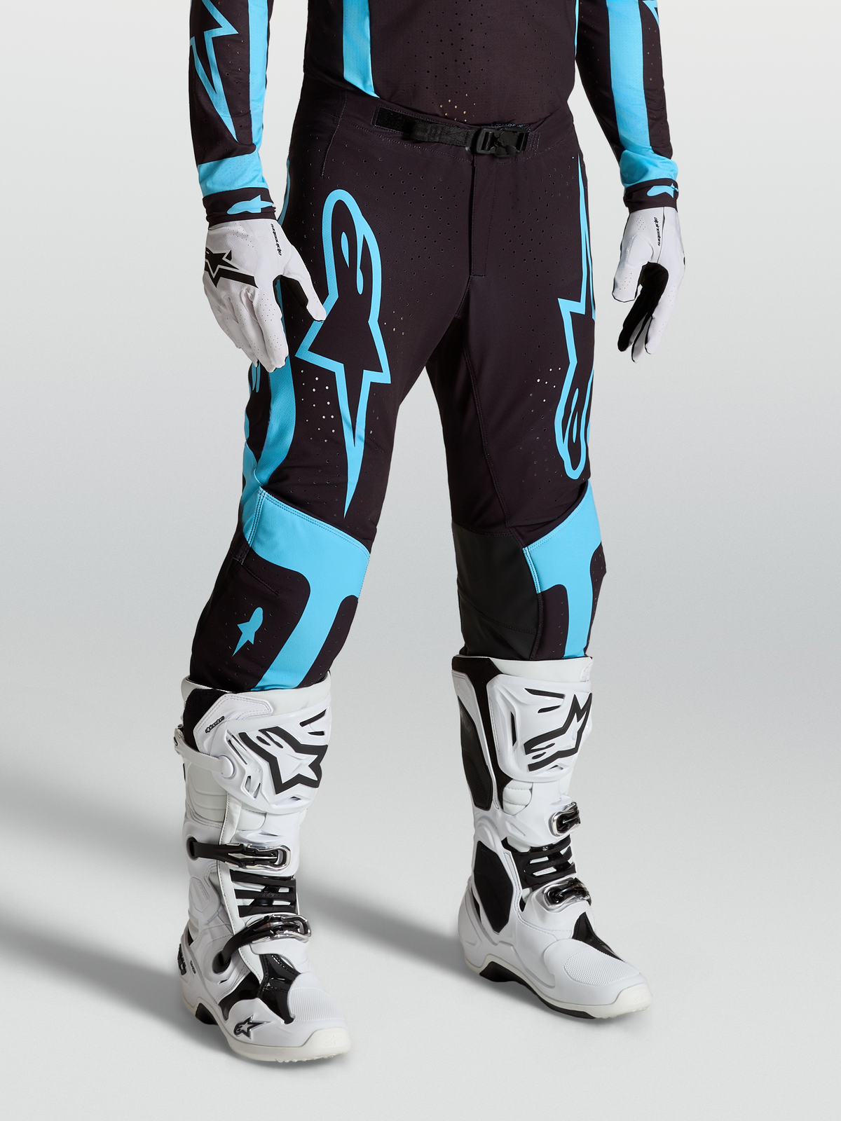 Alpinestars Supertech Vesta, pantalones de motocross para hombre, negros y azul turquesa, rip-stop elástico con rodilleras de cuero