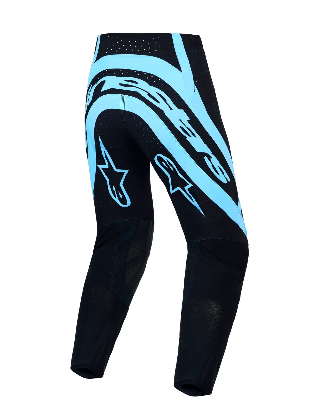 Alpinestars Supertech Vesta, pantalones de motocross para hombre, negros y turquesa, tejido rip-stop elástico, vista trasera