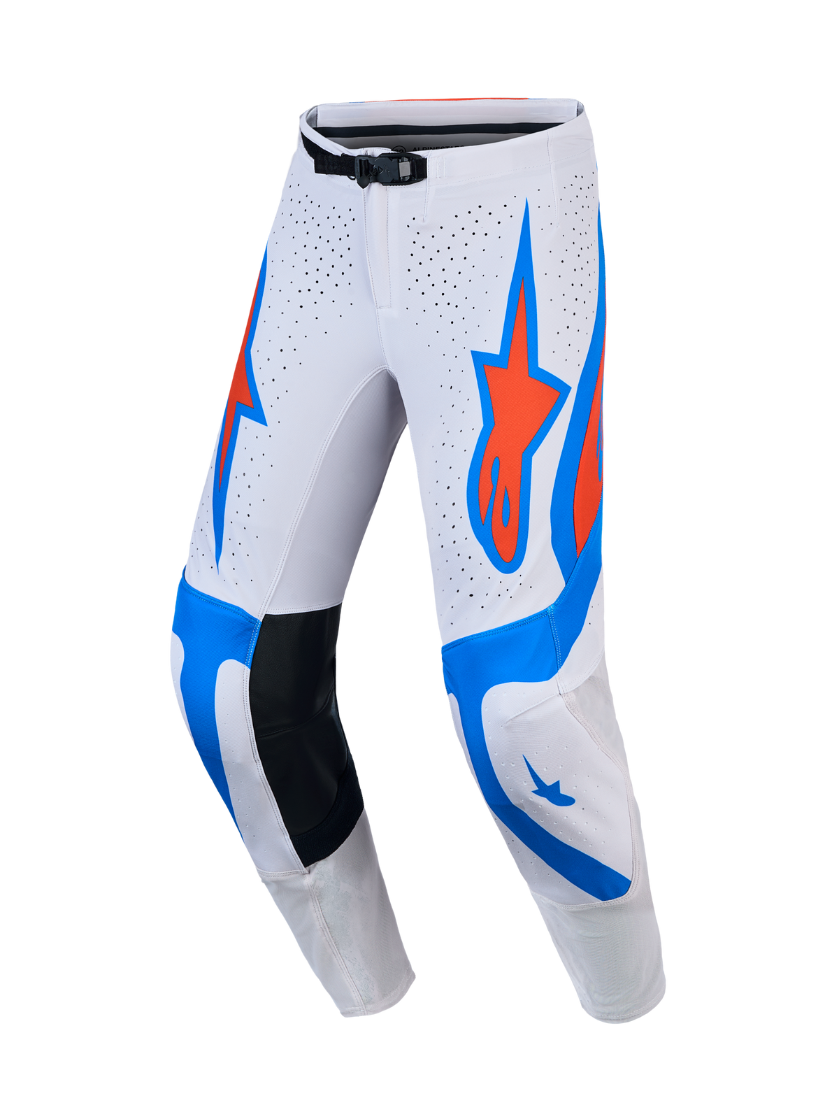 Alpinestars Supertech Vesta, pantalones de motocross para hombre, blanco, lila claro y rojo cardinal con paneles perforados.