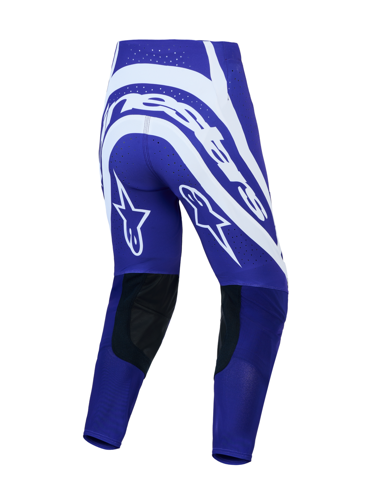 Pantalones Alpinestars Supertech Vesta, motocross para hombre, azules y blancos, vista trasera con estrellas y cuero.