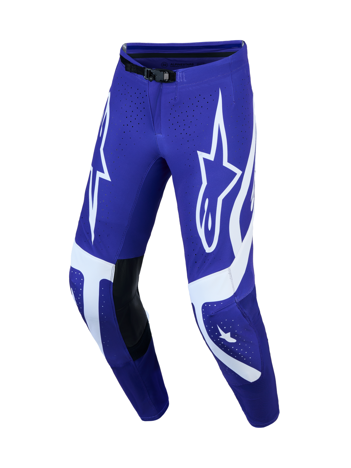 Alpinestars Supertech Vesta, pantalones de motocross para hombre, azul y blanco, paneles de cuero y gráficos de estrella.