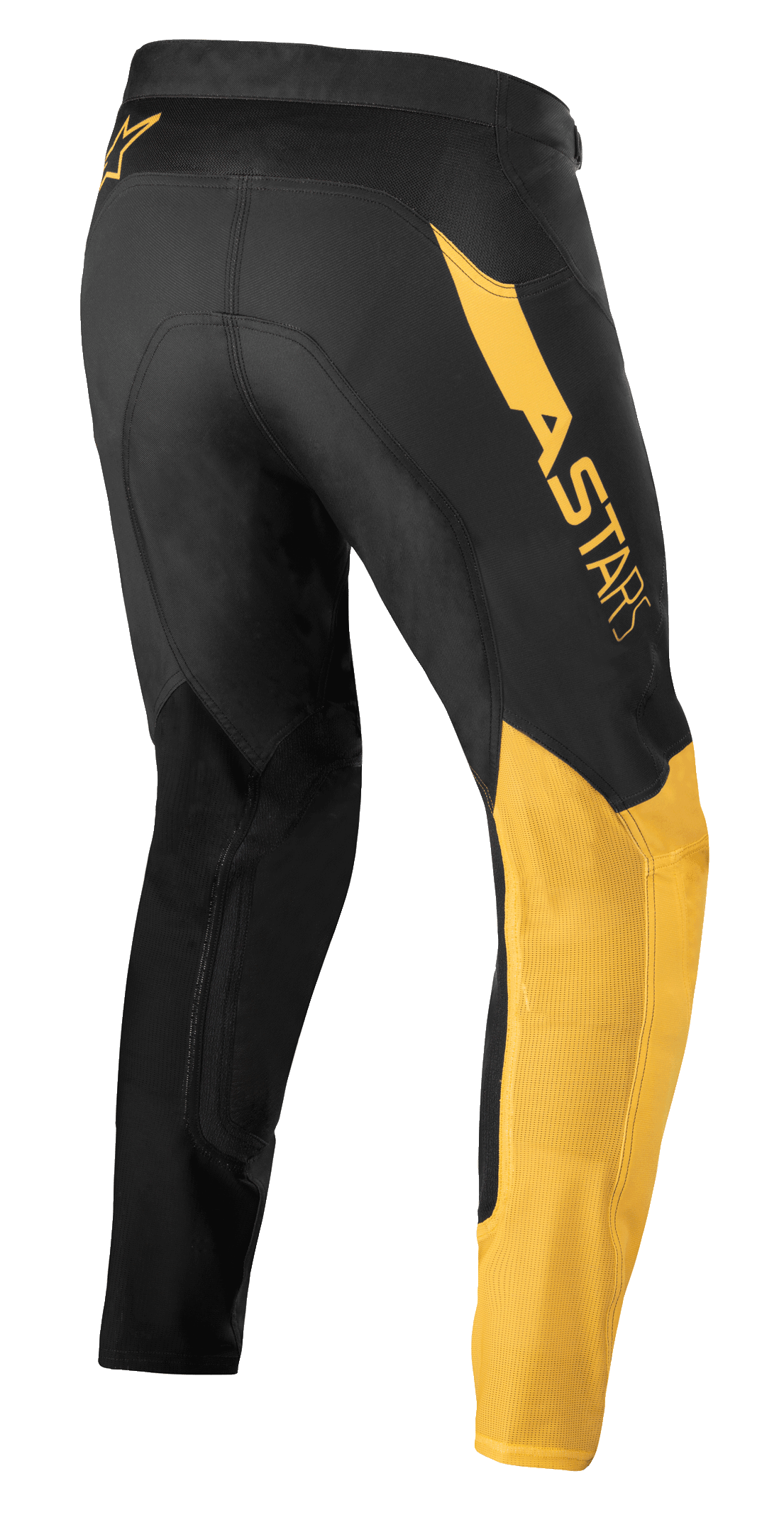 Alpinestars Supertech Blaze Pants, pantalones de motocross, negro y amarillo cálido, vista lateral trasera, con el logotipo 'ASTARS' destacado en la cadera, paneles amarillos en la pierna y tejido elástico técnico para rendimiento off-road