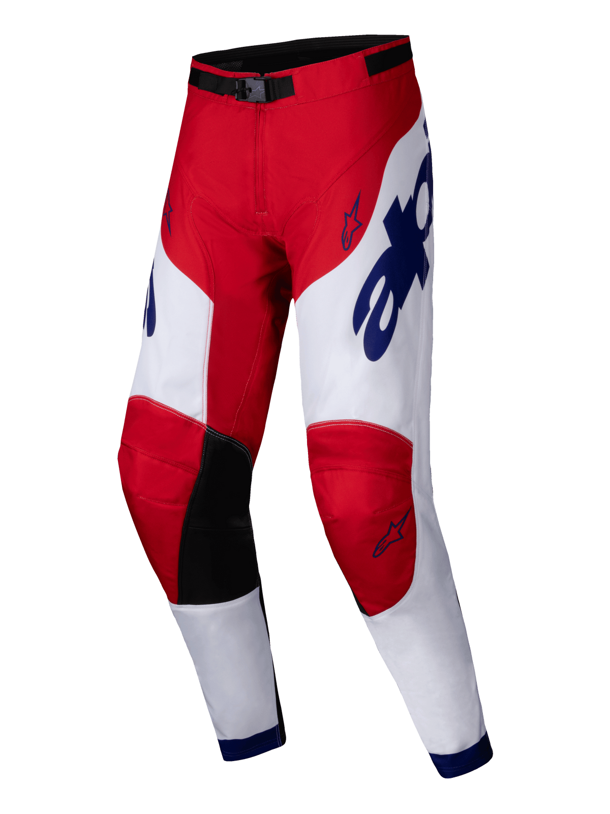 Alpinestars 2025 Racer Veil Pants, pantalones de motocross, rojo brillante y blanco con detalles azules, paneles interiores negros en las rodillas, diseño ergonómico precurvado, logotipos de estrella y marca llamativa, equipamiento duradero para carreras off-road