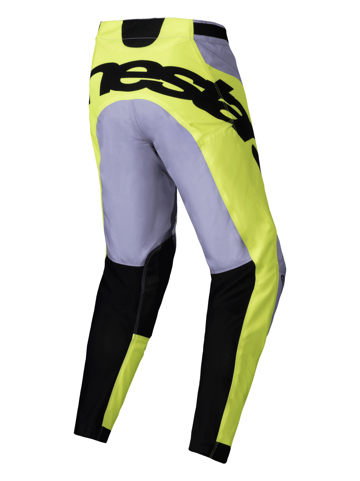 Alpinestars 2025 Racer Veil Pants, pantalones de motocross, gris y amarillo fluo, vista trasera con llamativo logotipo negro en el asiento, diseño técnico ligero con secciones negras en la parte inferior de las piernas y ajuste precurvado