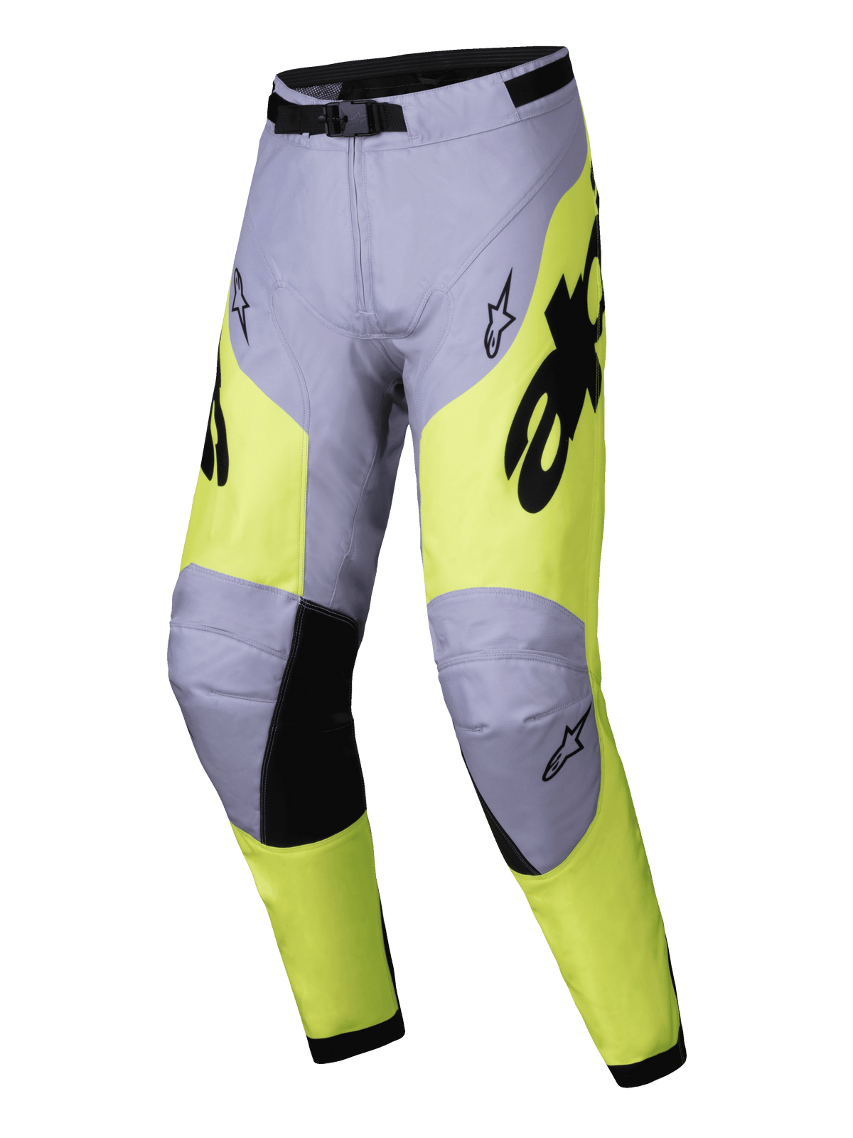 Alpinestars 2025 Racer Veil Pants, pantalones de motocross, gris y amarillo flúor, detalles negros en el interior de las rodillas y hebilla de la cintura, diseño ergonómico deportivo con logotipos de Alpinestars, textil duradero para carreras off-road