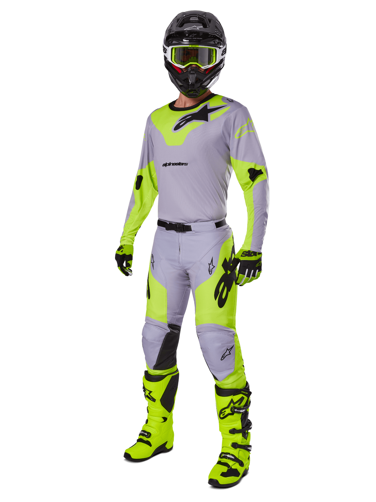 Alpinestars 2025 Racer Veil Pants, pantalones de motocross, gris y amarillo flúor, combinados con jersey a juego, casco negro, gafas amarillo flúor, botas y guantes, conjunto de equipamiento off-road coordinado con diseño ergonómico y marca llamativa.