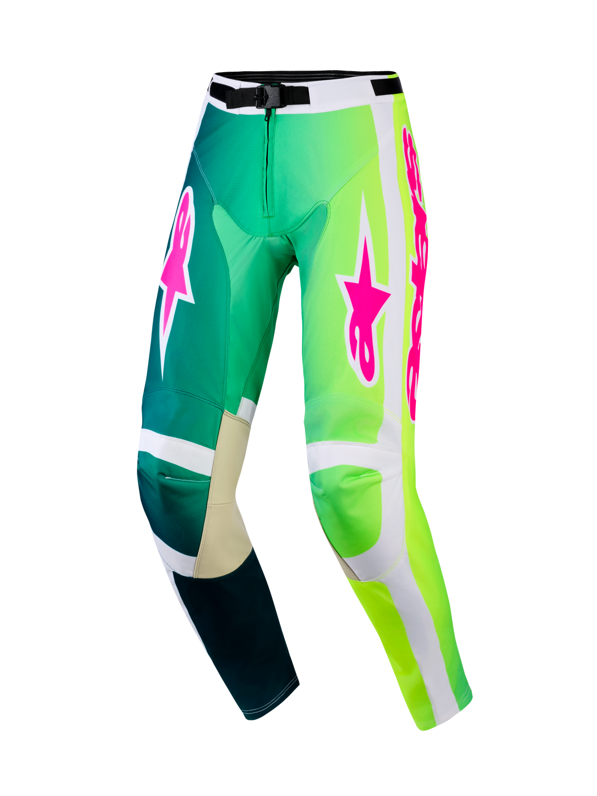 Pantalones Alpinestars Racer Portl 2026, pantalones de motocross, verdes y blancos con logotipos rosa vibrante, diseño degradado de verde azulado a verde neón, rodillas interiores reforzadas y hebilla de cintura segura para carreras todoterreno