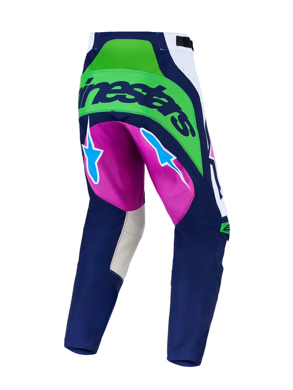 Alpinestars Techstar Maven, pantalones de motocross azul marino y verde flúor con detalles morados y zonas elásticas traseras