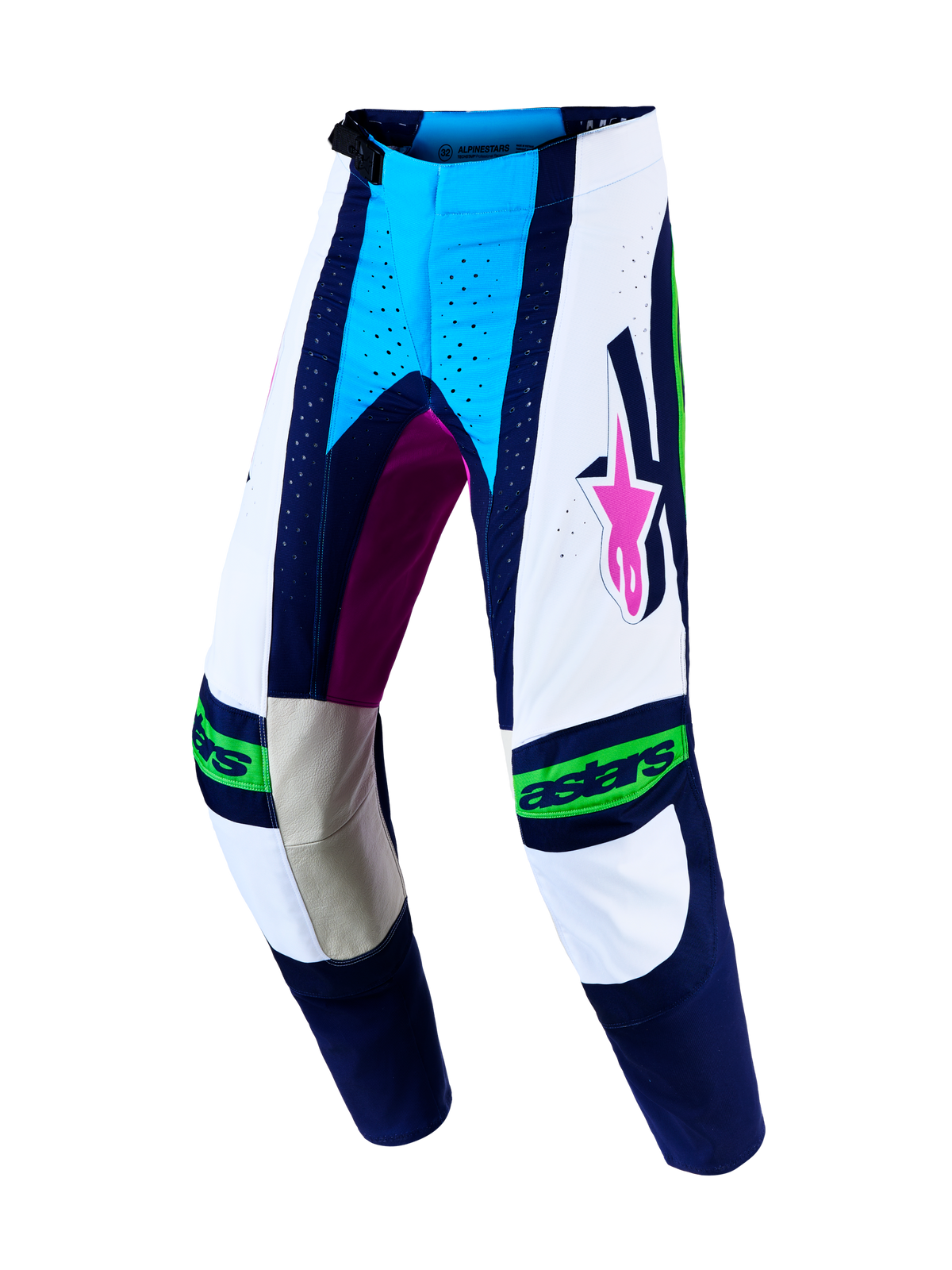 Alpinestars Techstar Maven, pantalones de motocross para hombre, blancos y azules con paneles de cuero y ajuste de carrera.