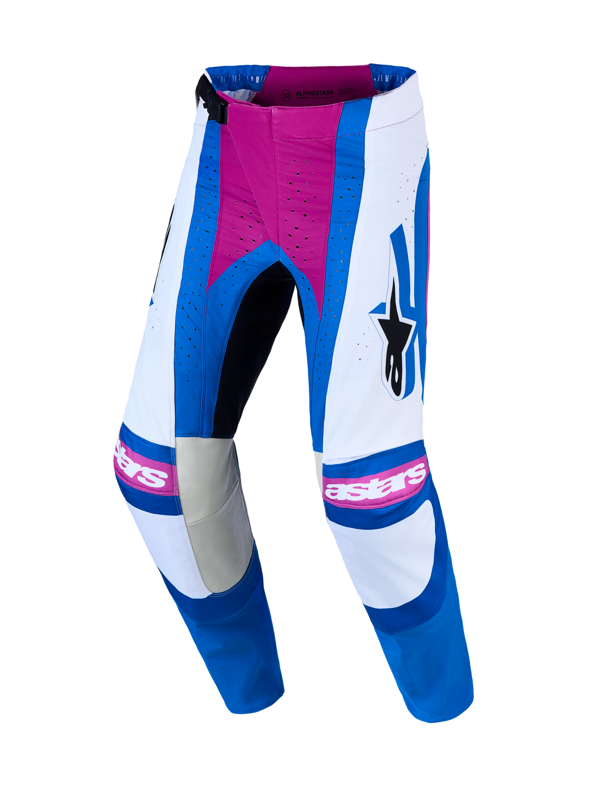 Alpinestars Techstar Maven, pantalones de motocross, blancos y azules con rosa coral, poliéster 600D y perforaciones láser