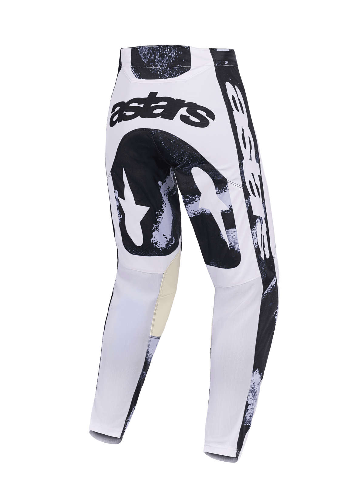 Alpinestars 2026 Racer Lahnd Pants, pantalones de motocross, Iron Camo, vista trasera con diseño de camuflaje en blanco y negro, logotipo 'astars' en el asiento, paneles interiores de la rodilla en color beige, construcción de tejido de poliéster duradero para carreras off-road